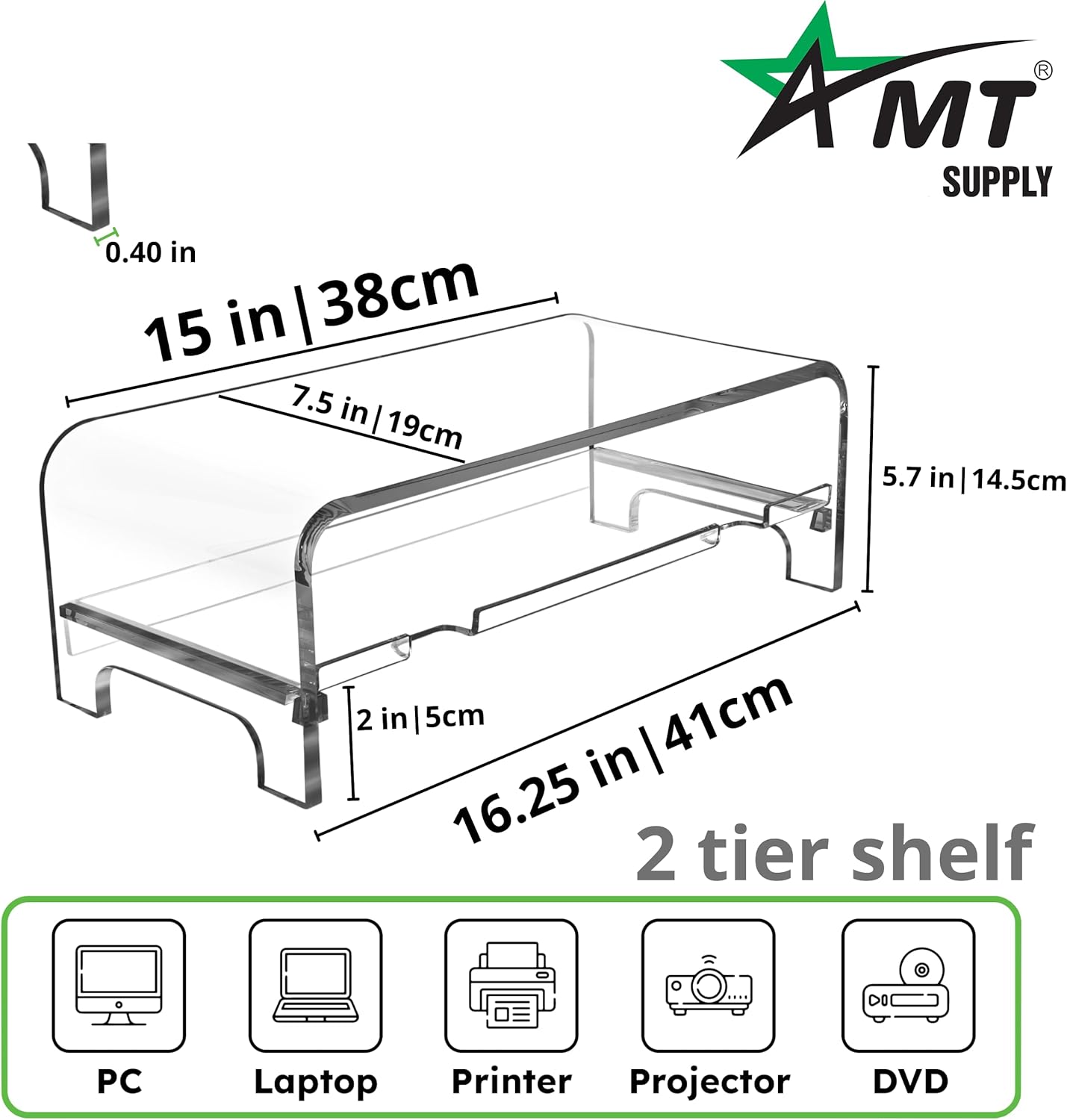 5.7 Inch AMT Acrylic Monitor Stand and Laptop Riser with Keyboard Cover, Clear Desktop Shelf for Office and Home