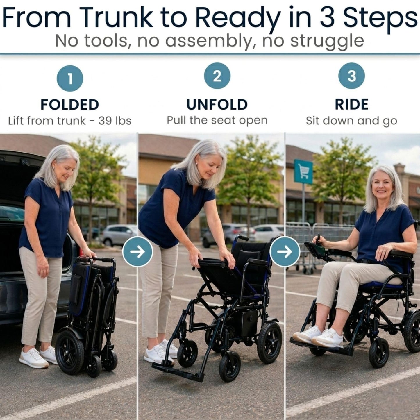 Vive Ultra Lightweight Electric Wheelchair for Adults - Foldable Power Wheel Chair - Collapsible, Folding, Ultralight, Motorized, Light Weight Travel Senior Folding Mobility Aid - Weighs Just 39 lbs