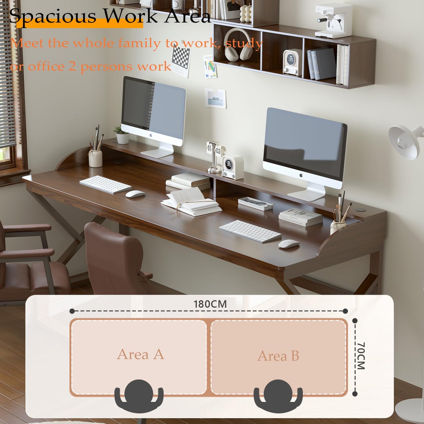 OSCHF Long Desk with Monitor Stand - 71" Double Long Computer Table for 2-Person Workstation, Large Writing Study Work Desk for Home and Office, Walnut