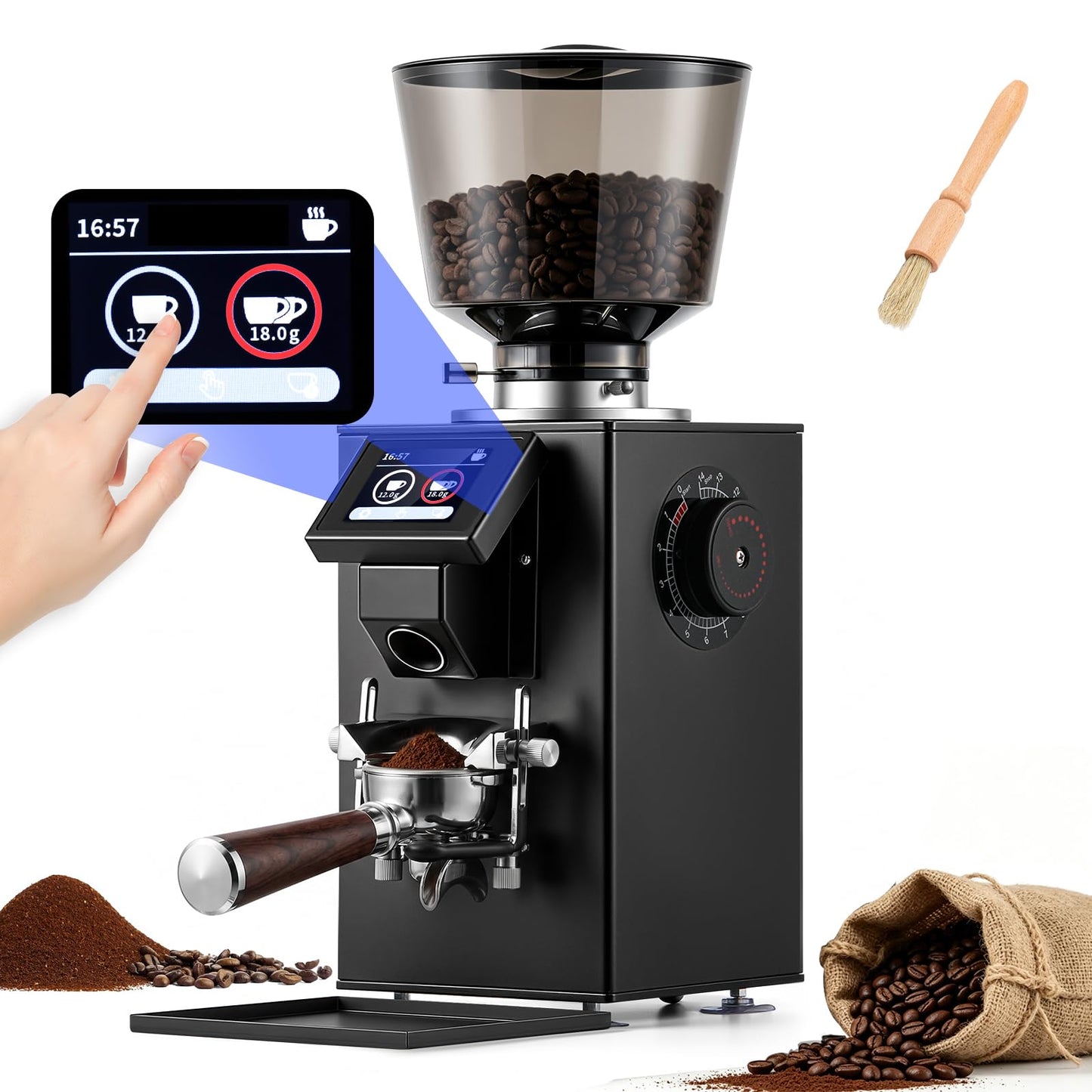 Grind by Weight Espresso Grinder, Commercial Coffee Grinder by Weight with 64mm Flat Burr, Touch Screen, 14 Grind Settings for Cafe