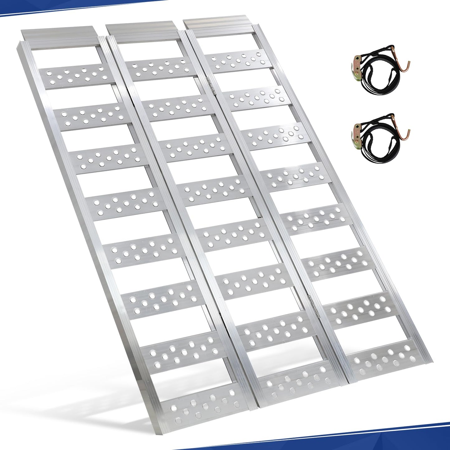 PENSUN Tri-Fold Ramps with Treads, Full Width Aluminum Loading Ramps with Load Straps, Manual Welding Ramp for Motorcycles, ATVs, Trucks, Snow Blowers with 1600Ibs Max Load /535lbs per Section