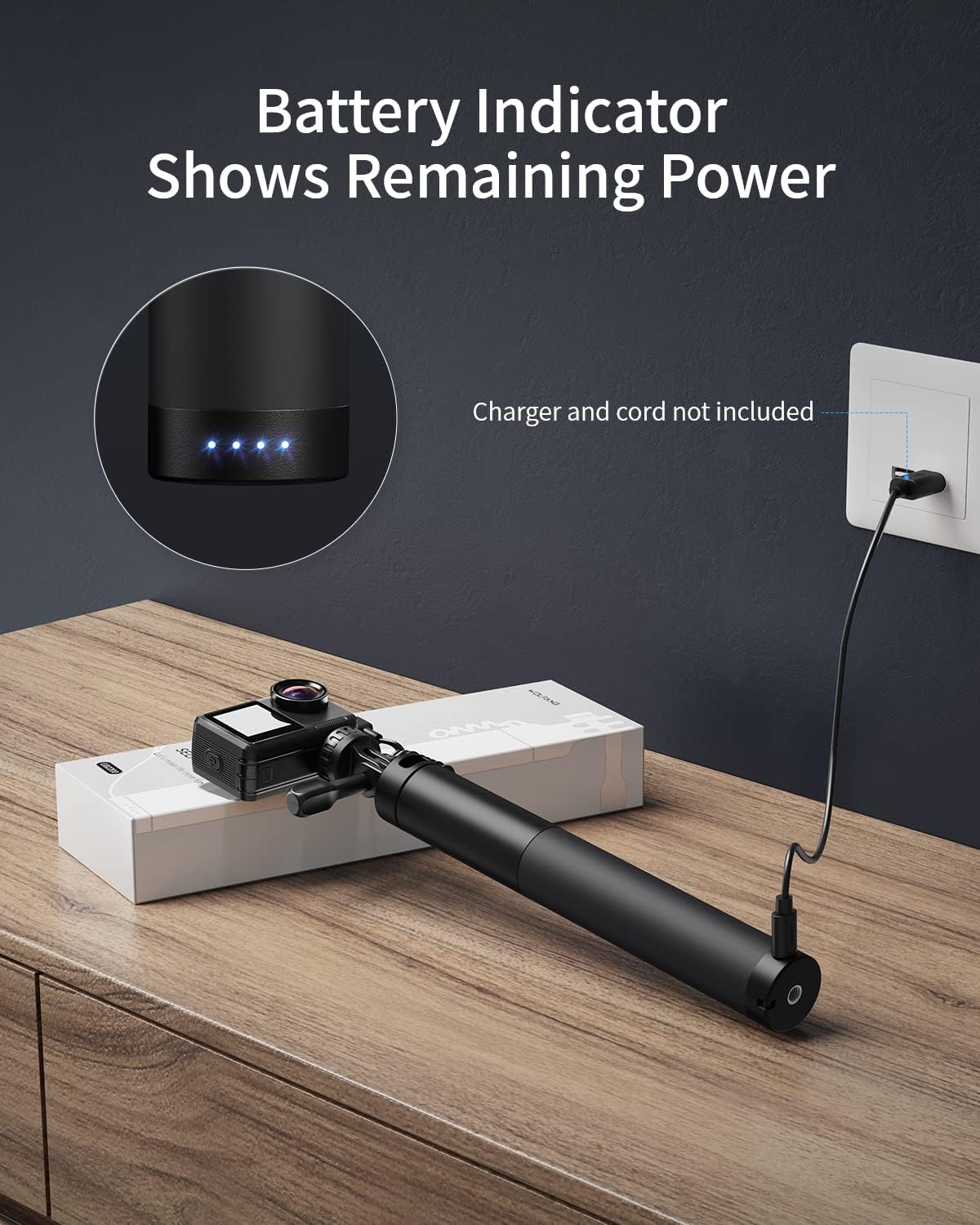 WOLFANG GB2200 2600mAh Travel(24-60CM) Rechargeable Selfie Stick with Rechargeable Battery, Selfie Stick Black Rotation