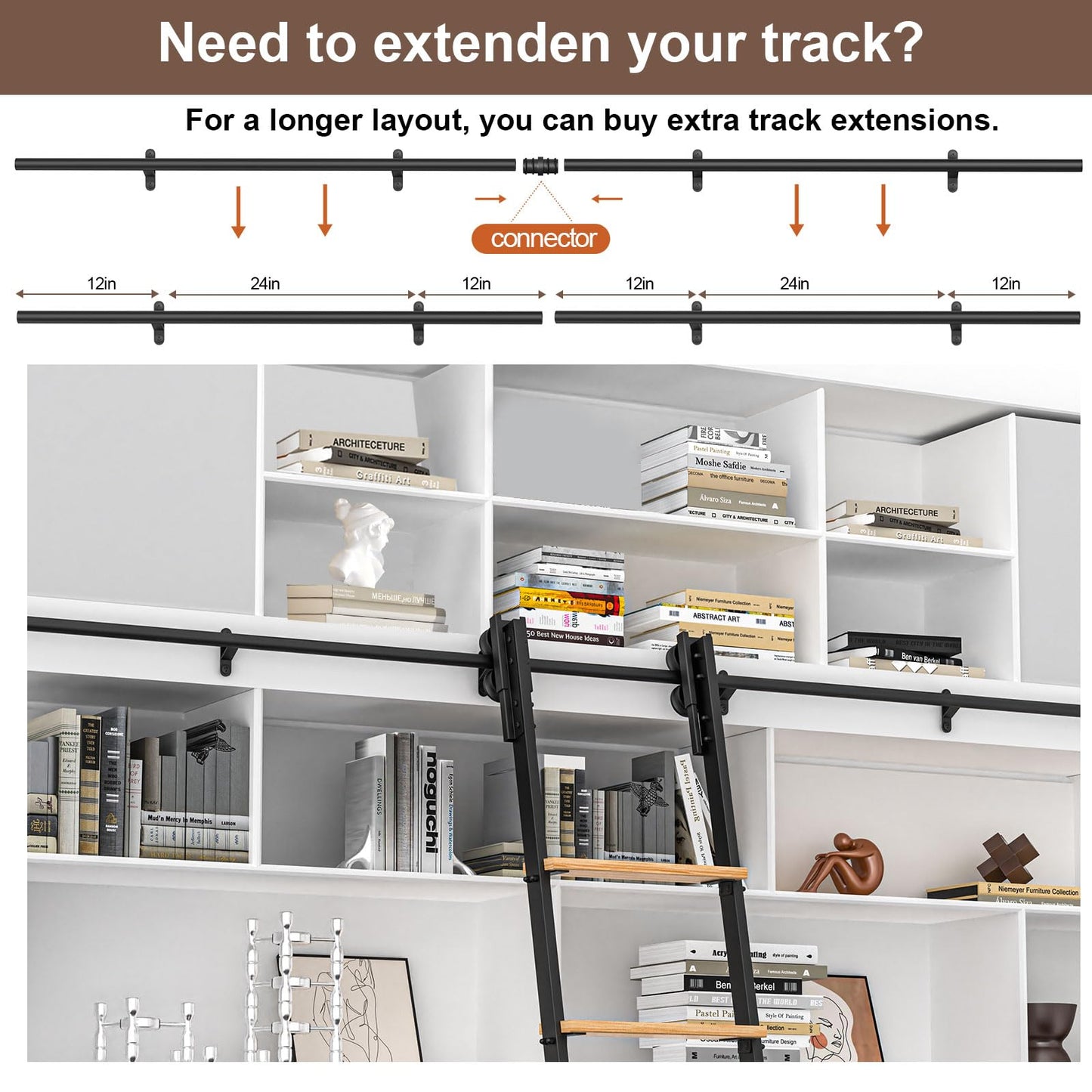 LKCBITION 108inch Carbon Steel Ladder with Oak Steps, Includes 4ft Telescoping Top Rollers & Bottom Brake Wheels Sliding Hardware, Rolling Library Ladder for Loft, Attic, Bookshelf