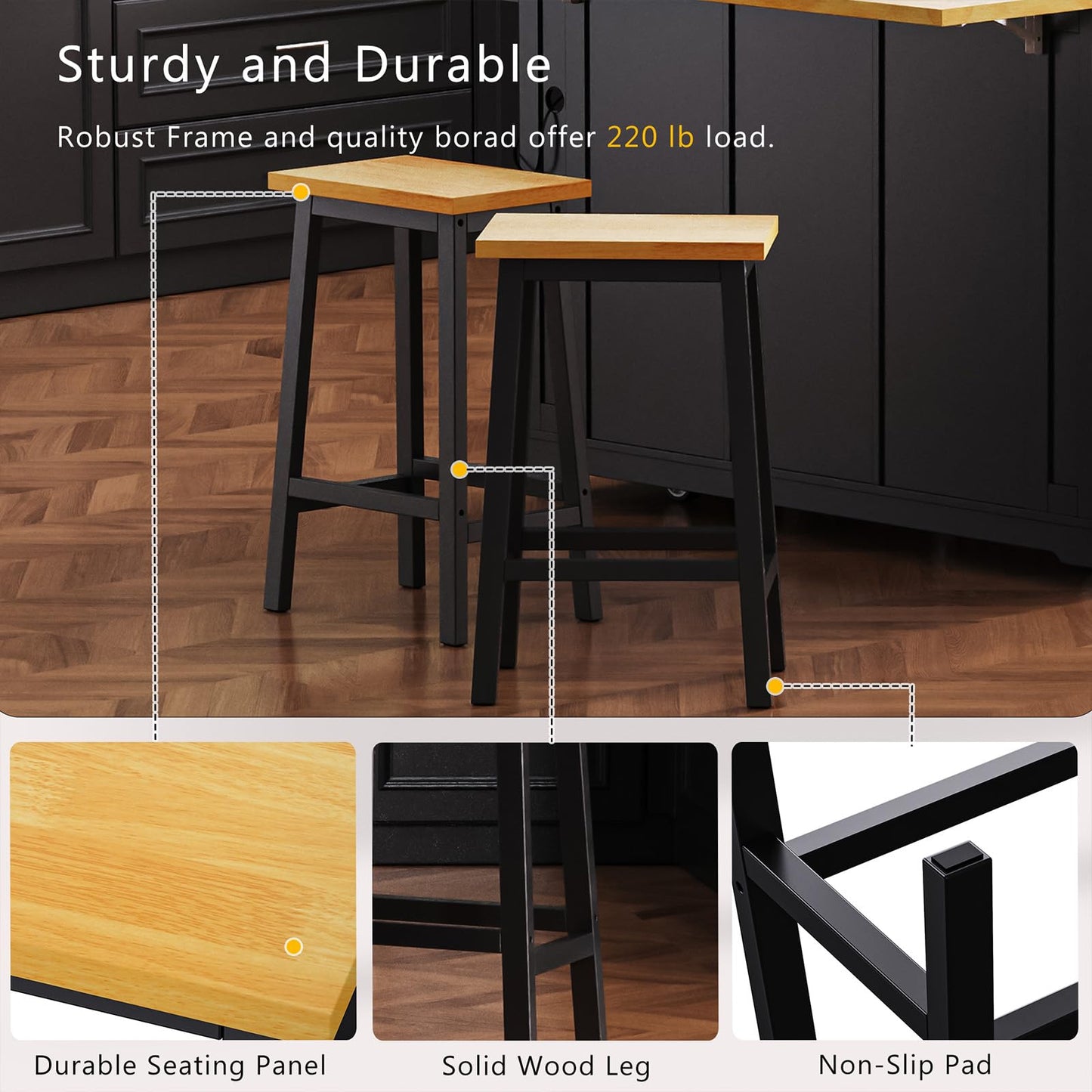 Waully 53'' Mobile Kitchen Island with Seating, Rolling Kitchen Island with Storage and Drop Leaf, 3 Drawers Islands Cart Rubberwood Top, 2 Open Shelves, Isla para Cocina, Black + 2 StooIs
