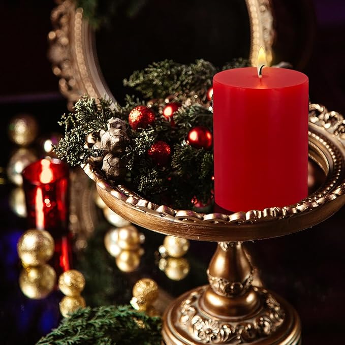 Red Pillar Candles Set of 3 - Dripless Unscented - 3x4, 3x6 & 3x8 inches Decorative Candles for Home Decor & Table Centerpieces
