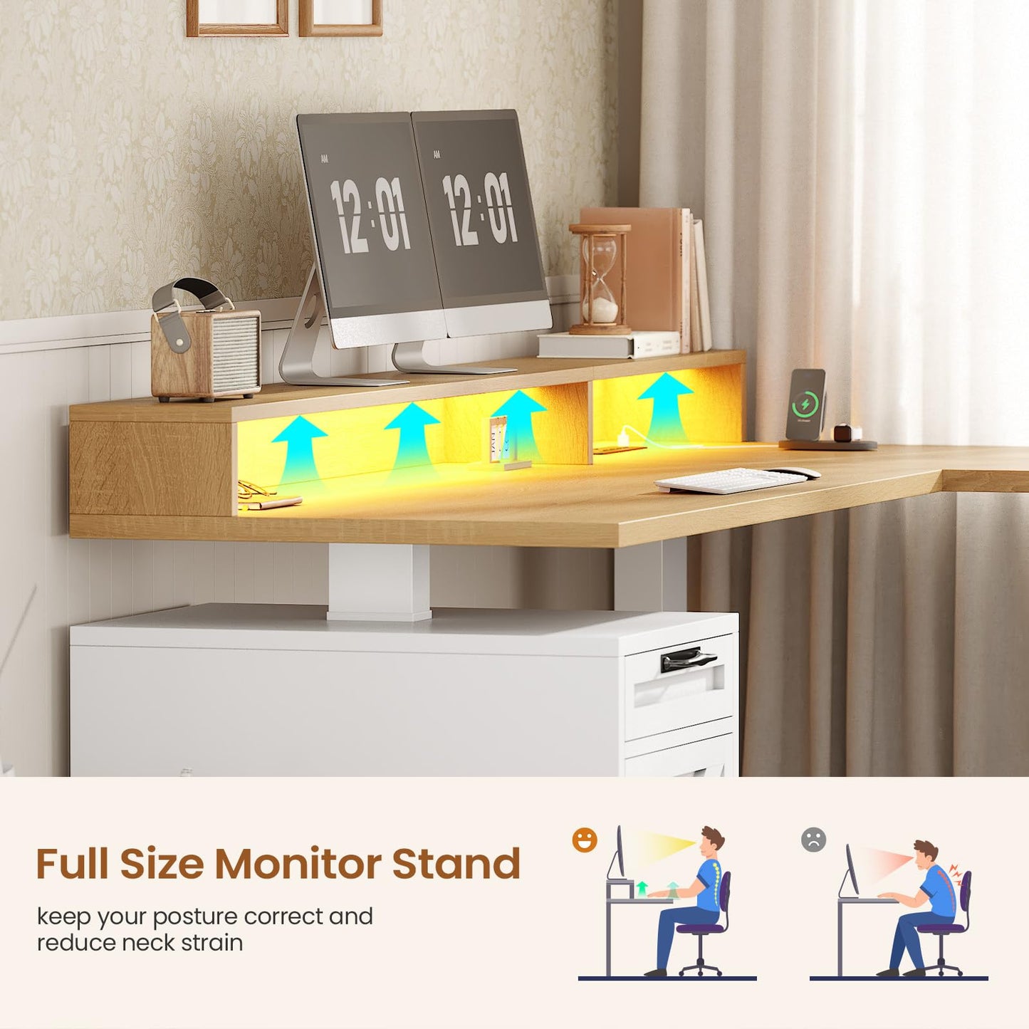 SEDETA Farmhouse L Shaped Standing Desk, 70.1" x 73.2" Height Adjustable Home Office Executive Desk with Drawers, Power Outlet, Monitor Stand, Sit Stand Table with Led Lights for Home Office, Oak