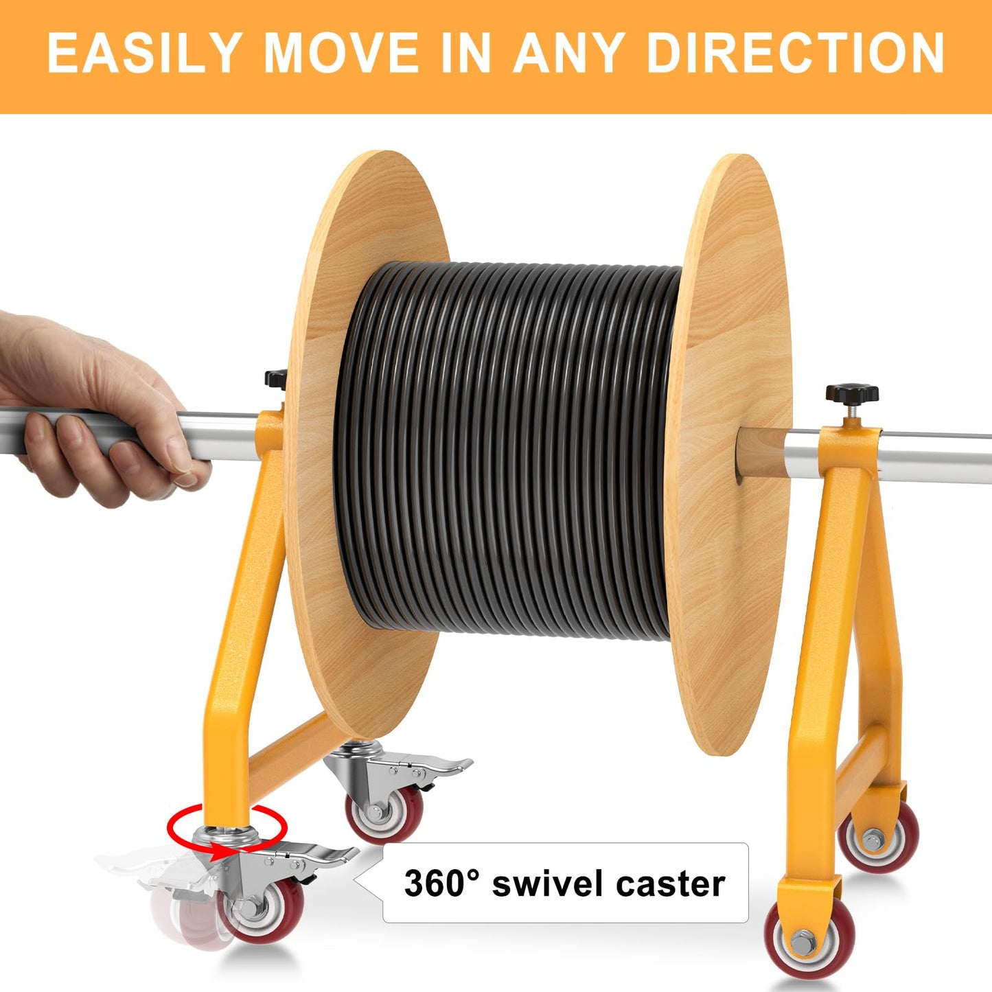 Insaga Wire Spool Rack & Holder, 220LB Capacity Cable Caddy with 4 Locking Swivel Casters, Yellow Powder Coated Steel Wire Spool Holder for Workshop, Garage, Up to 28'' in Diameter (No Rod)