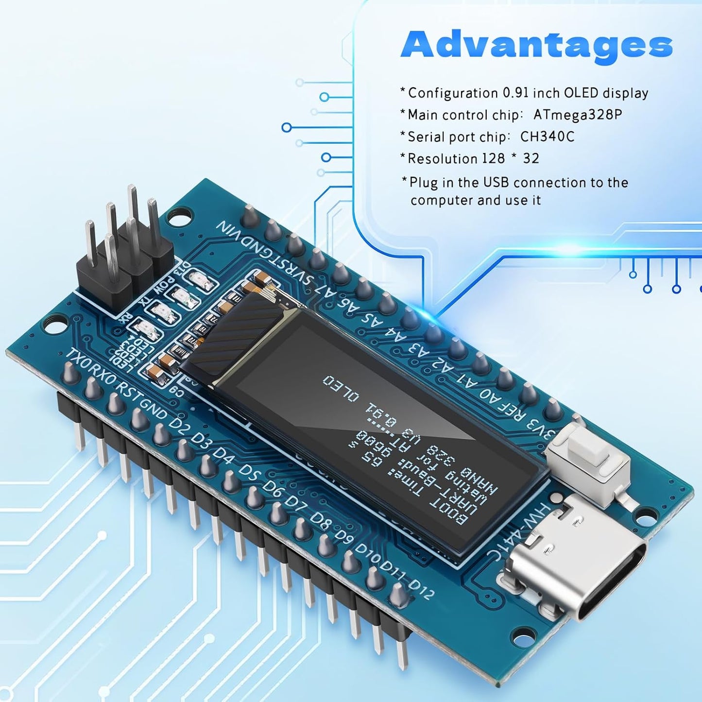 Meshnology 1Pcs V3.0 ATmega328P 0.91 inch 128 32 CH340C Nano Board with * Pixel OLED Display Chip Microcontroller