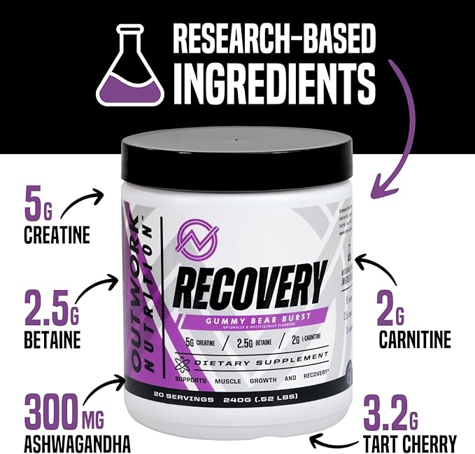 Outwork Nutrition Post Workout Recovery Powder - Creatine Monohydrate, KSM-66 Ashwagandha & Tart Cherry - Speeds Recovery, Eases Soreness - Creatine Powder for Men & Women, Gummy Bear Burst, 230 Gr