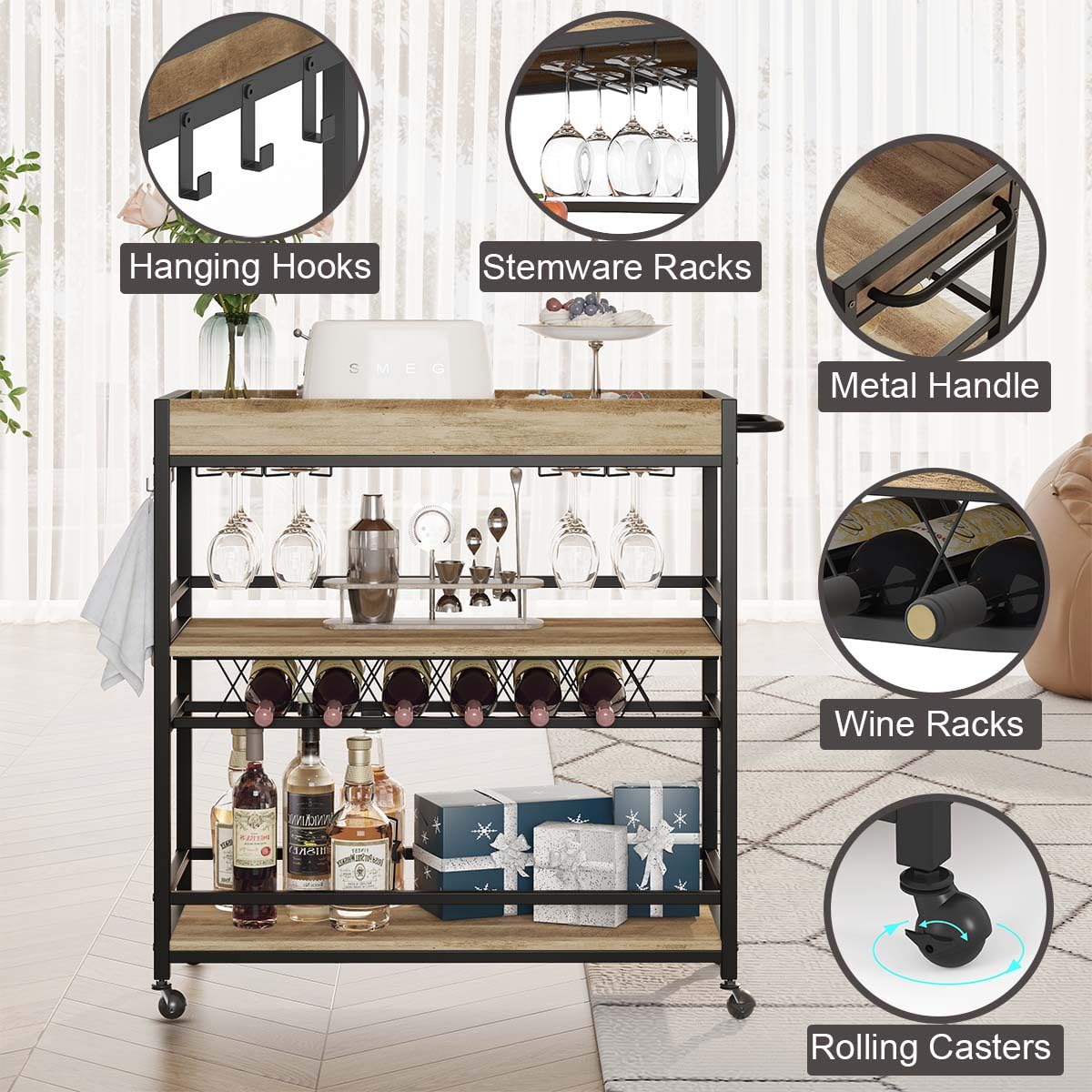 BON AUGURE Bar Cart for The Home, Bar Serving Carts on Wheels with Industrial Ladder Shelf Bookcase, 4 Tier Rustic Ladder Bookshelf, Standing Leaning Book Shelves for Living Room (Vintage Oak)