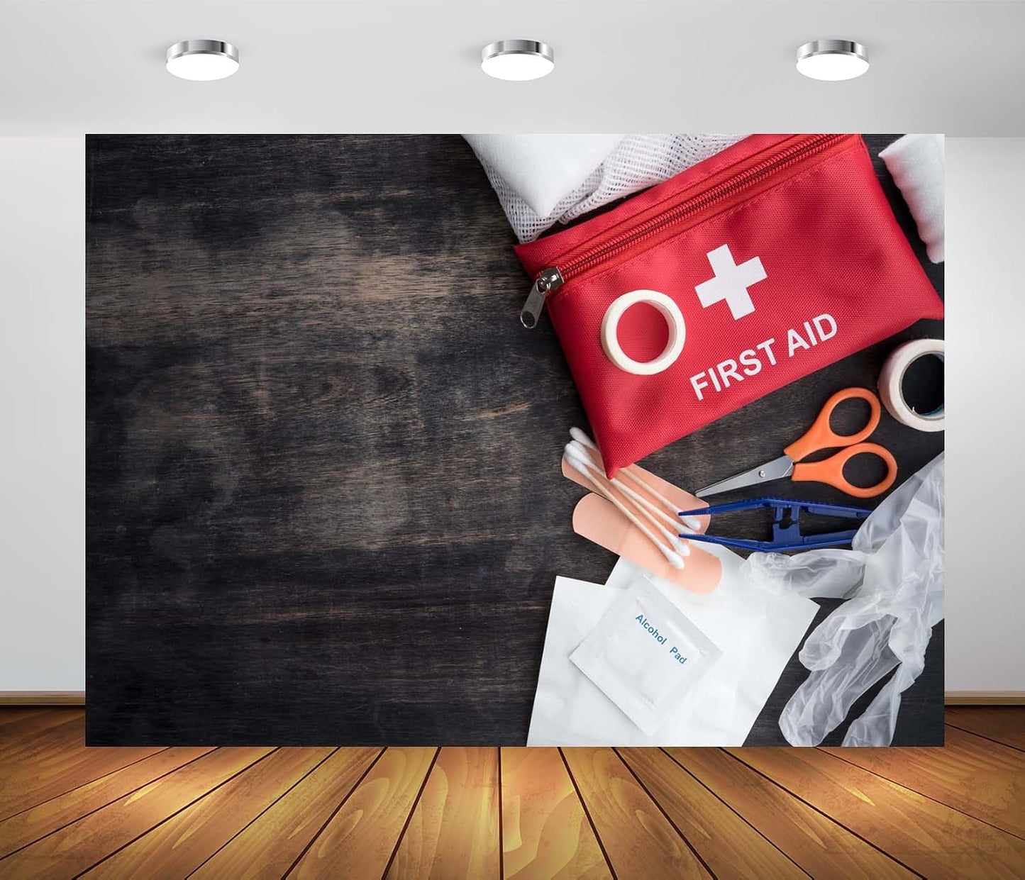 BELECO 7x5ft Fabric Medical Healthcare Backdrop First Aid Medical Kit on Brown Wooden Board Background Doctor Nurse
