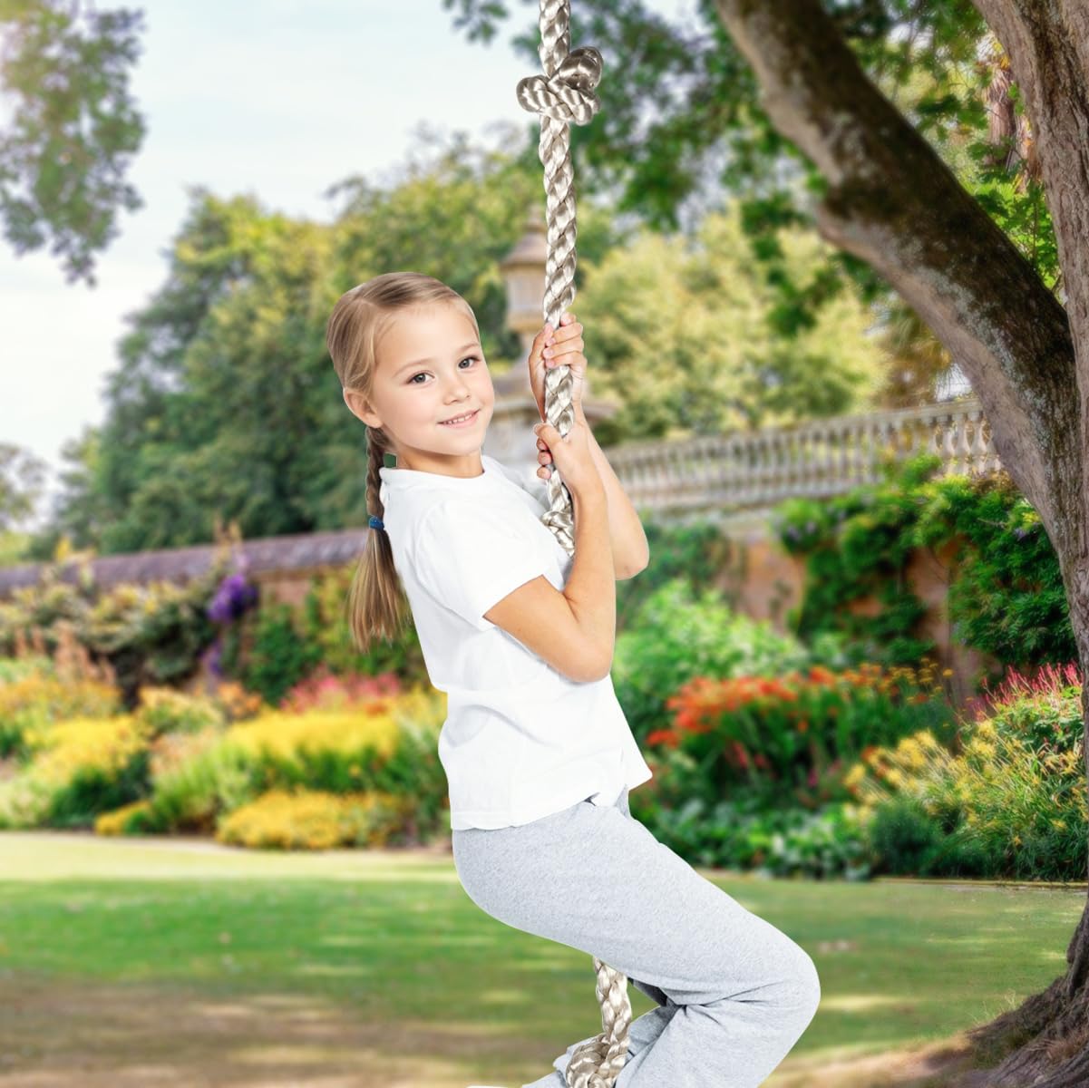 MONT PLEASANT Climbing Rope for Kids, 8.2 FT Long with 4 Knotted Steps, Playground Accessories, Rope Swing for Obstacle Course, Treehouse Swingset Accessories Training for Kids Outdoor（Grey）