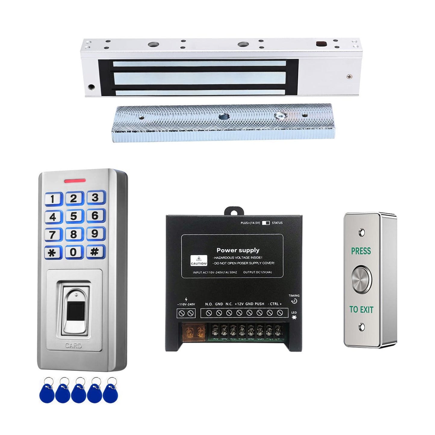 Door Access Control System Kit, IP68 Waterproof Keypad Door Access Device with 280KG/600lbs Magnetic Lock, Fingerprint + Password + RFID 125KHz ID Card Reader, Metal Exit Button