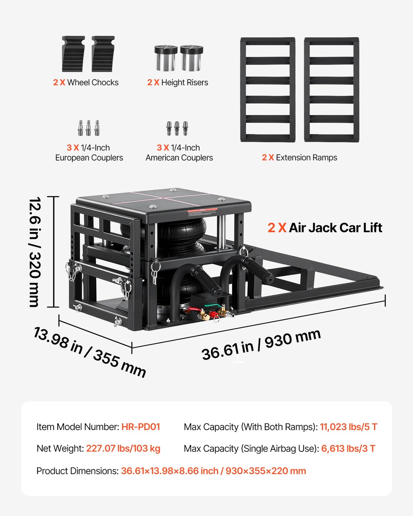 VEVOR Air Hydraulic Jack Car Ramps 2PCS, 11023 lbs/5 Ton Capacity, 12.6 inch Max Height, Pneumatic Ramp Jacks with Airbags, Wheel Chocks, Extension Ramps, Heightened Columns, Heavy-Duty