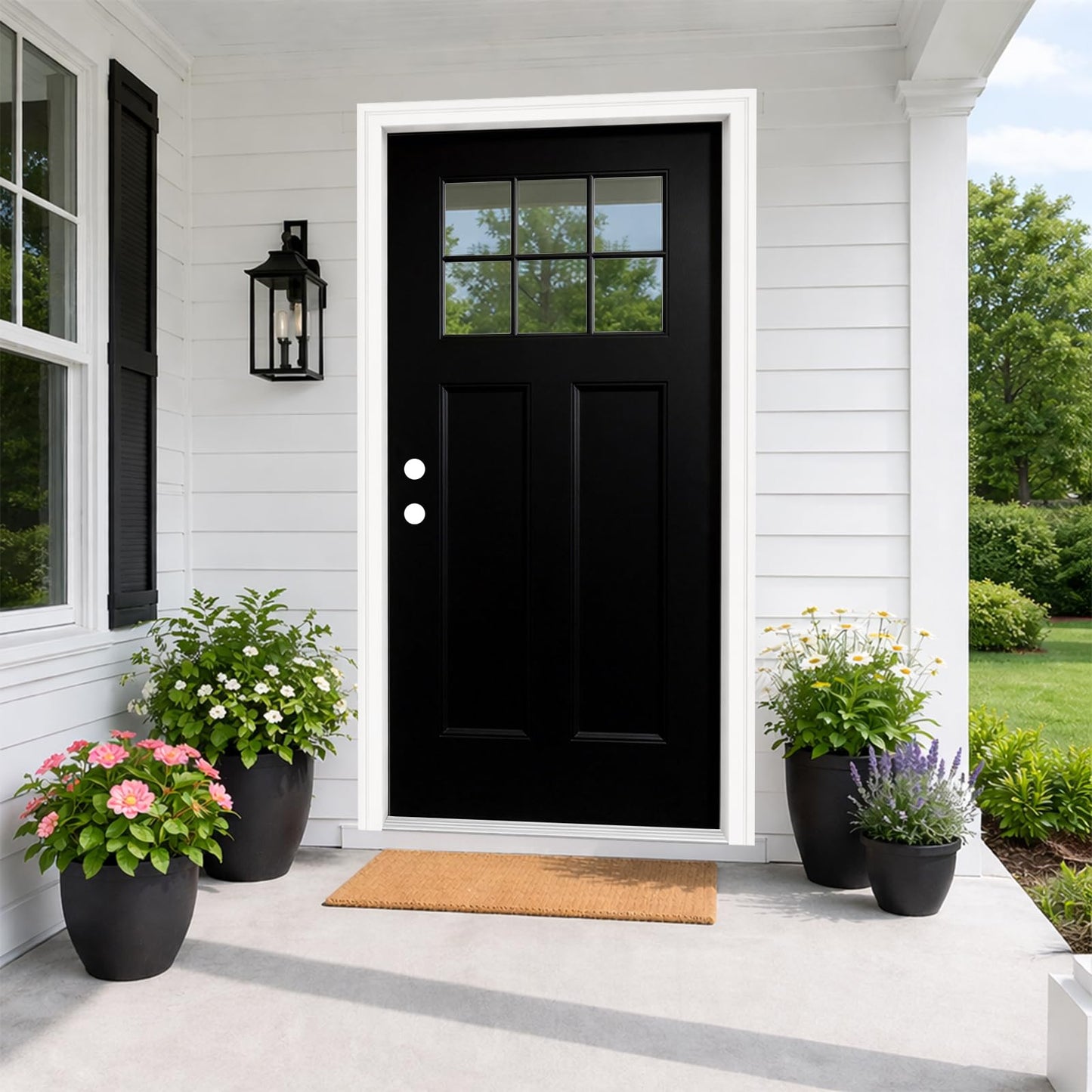 36"x80" Front Entry Door, Black Woodgrain Finish, 4-9/16" Jamb, Fiberglass Front Door with Classic 6-Lite Clear Glass, Right-Hand Inswing