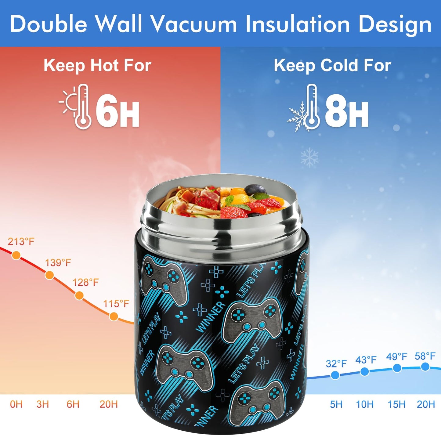 wiwens 12oz Soup Thermo for Hot Food Kids Insulated Food Jar Wide Mouth Lunch Container Leak Proof Stainless Steel Vacuum for School Office Travel Outdoors Black-Gamepad
