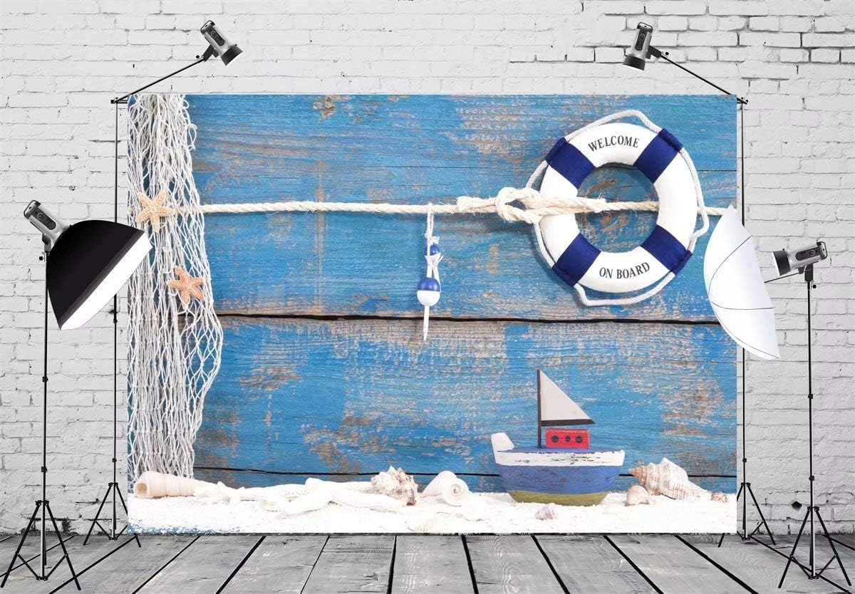 BELECO 10x6.5ft Fabric Nautical Backdrop Life Buoy and Toy Boat Shells on Blue Wooden Background Phtography Backdrop