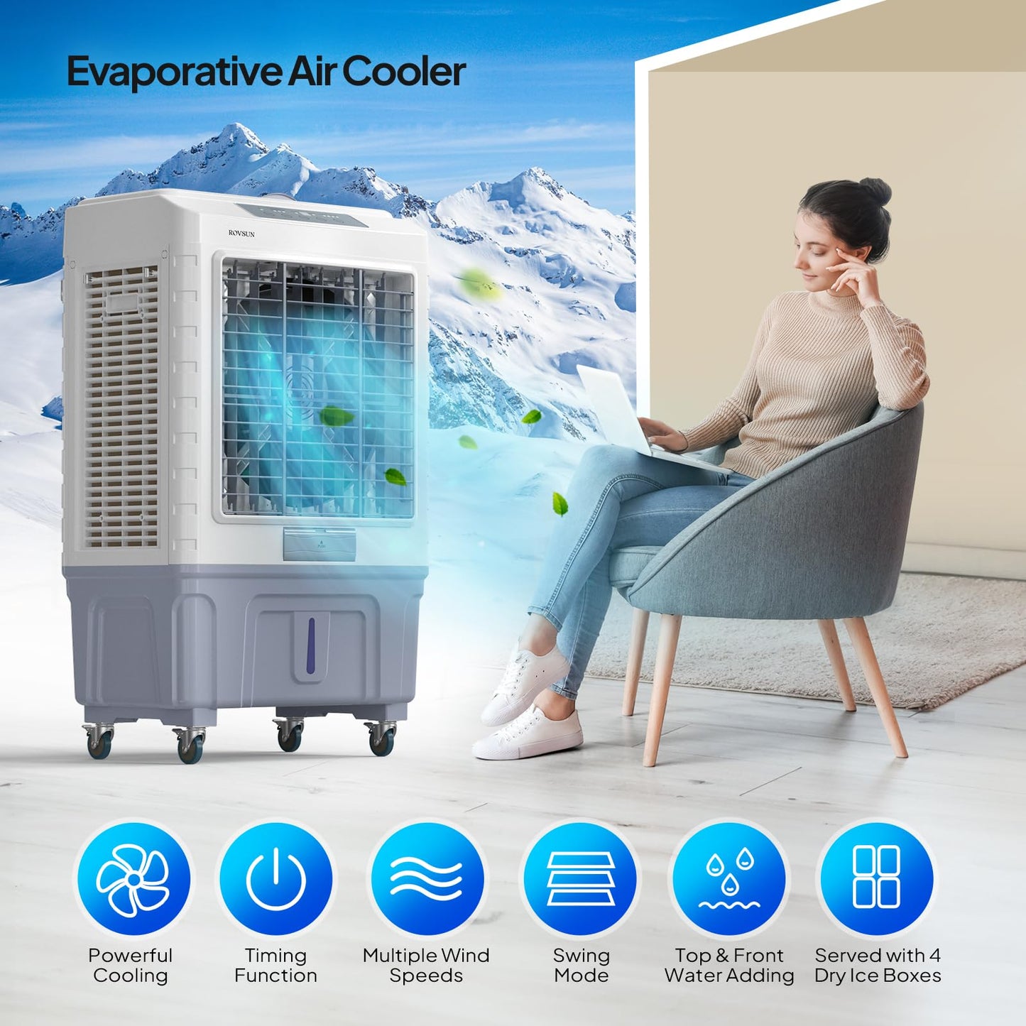 ROVSUN 13.2Gallon Evaporative Air Cooler, 4100CFM Portable Swamp Cooler with Remote Control, Oscillation, 3 Speeds, 7.5H Timer & 50L Water Tank, 3-IN-1 Cooling Fan for Home Office Garage Outdoor