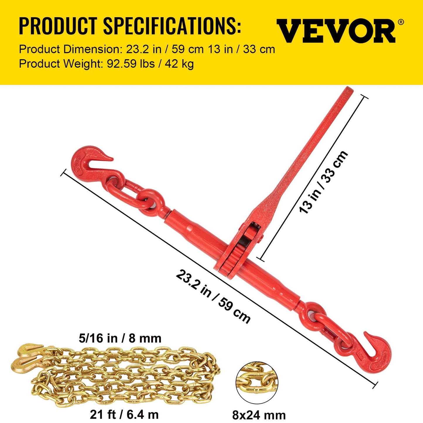 VEVOR Chain Load Binder, 5/16" Tie Down Kit w/ 7100LBS Working Load Capacity and Two Grab Hooks, Includes (4) Ratchet Binders - (4) 21' Grade 80 Chains, Transport Load Package for Hauling, Towing