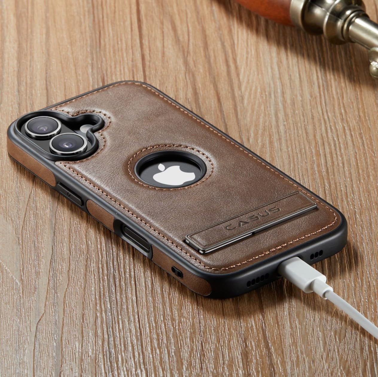 C Casus 17 6.3 Inch (2025), Casus for iPhone Case with MagSafe, Slim Kickstand Vegan Leather Protective Cover