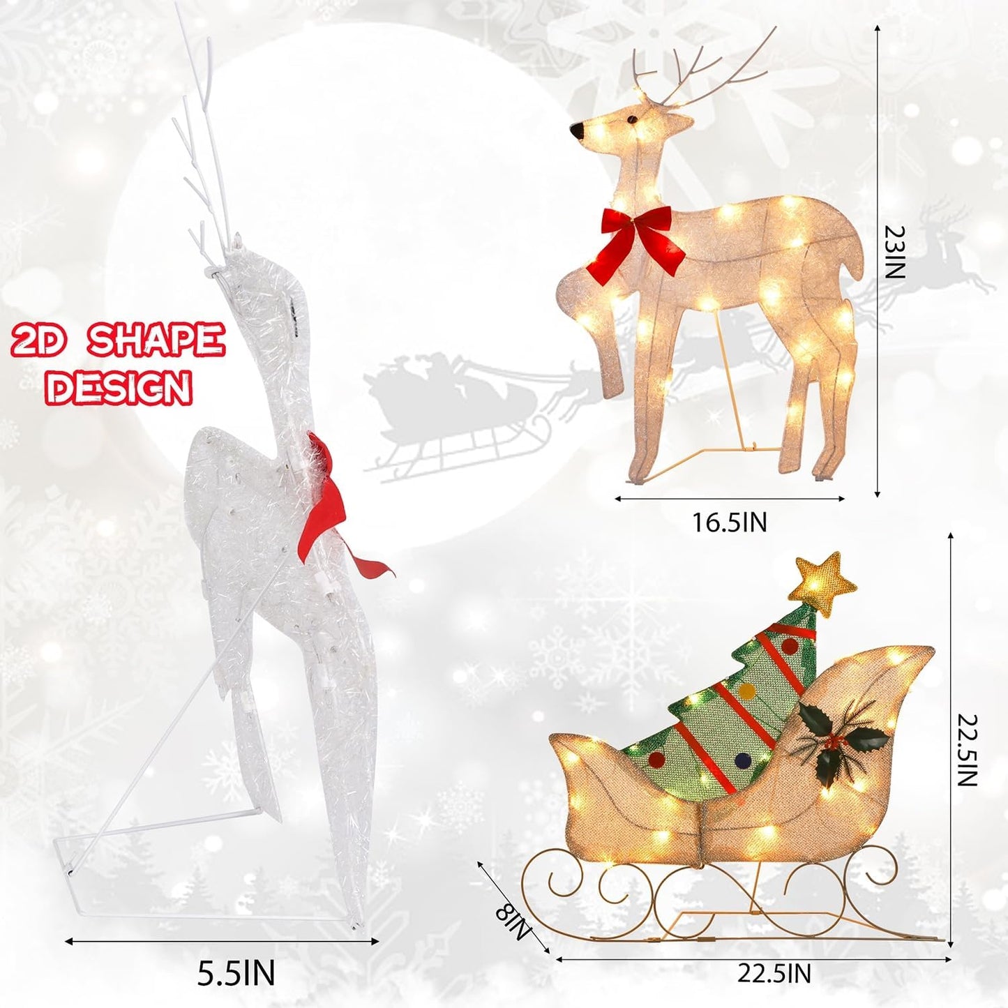 WATERGLIDE Christmas Decorations - 23 Inch Lighted Reindeer & Santa Sleigh | Pre-Lit Outdoor Yard Decor
