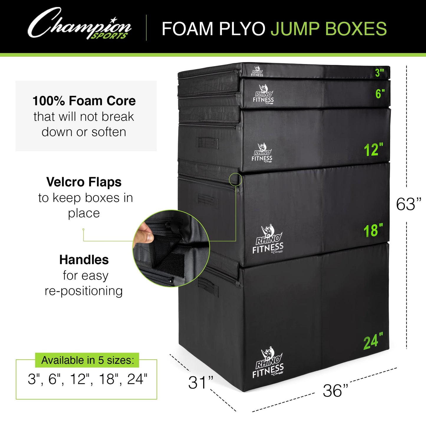 Champion Sports Foam Plyometric Box Set with 3", 6", 12", 18", and 24" Included - Durable Jump Boxes for Training with Handles, Hook and Loop Flaps - Stackable Cross Traning Plyo Box, Jumps for Gym