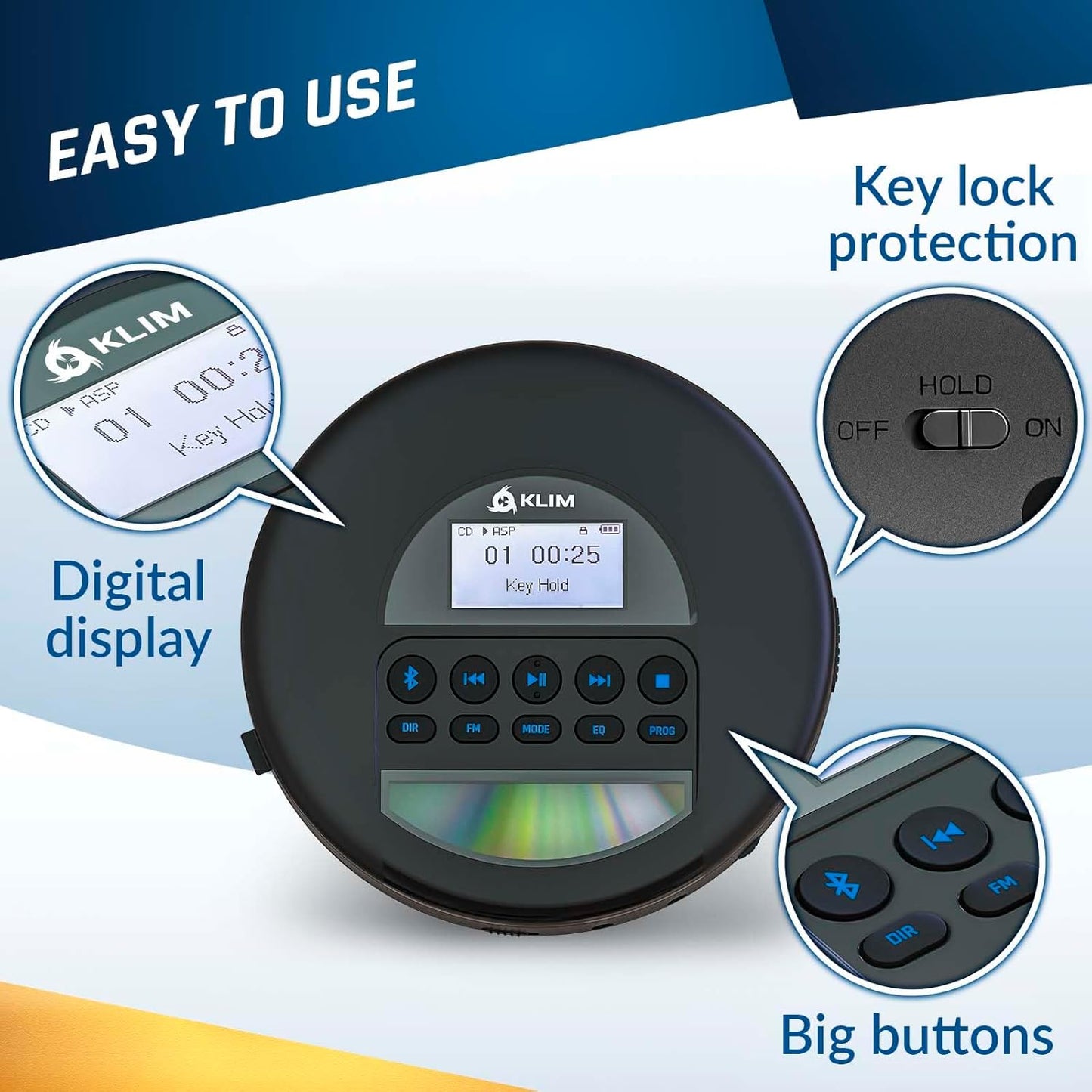 KLIM MP3 Nomad - Portable CD Player with Long-Lasting Battery - with Headphones - Radio FM - Compatible CD Player