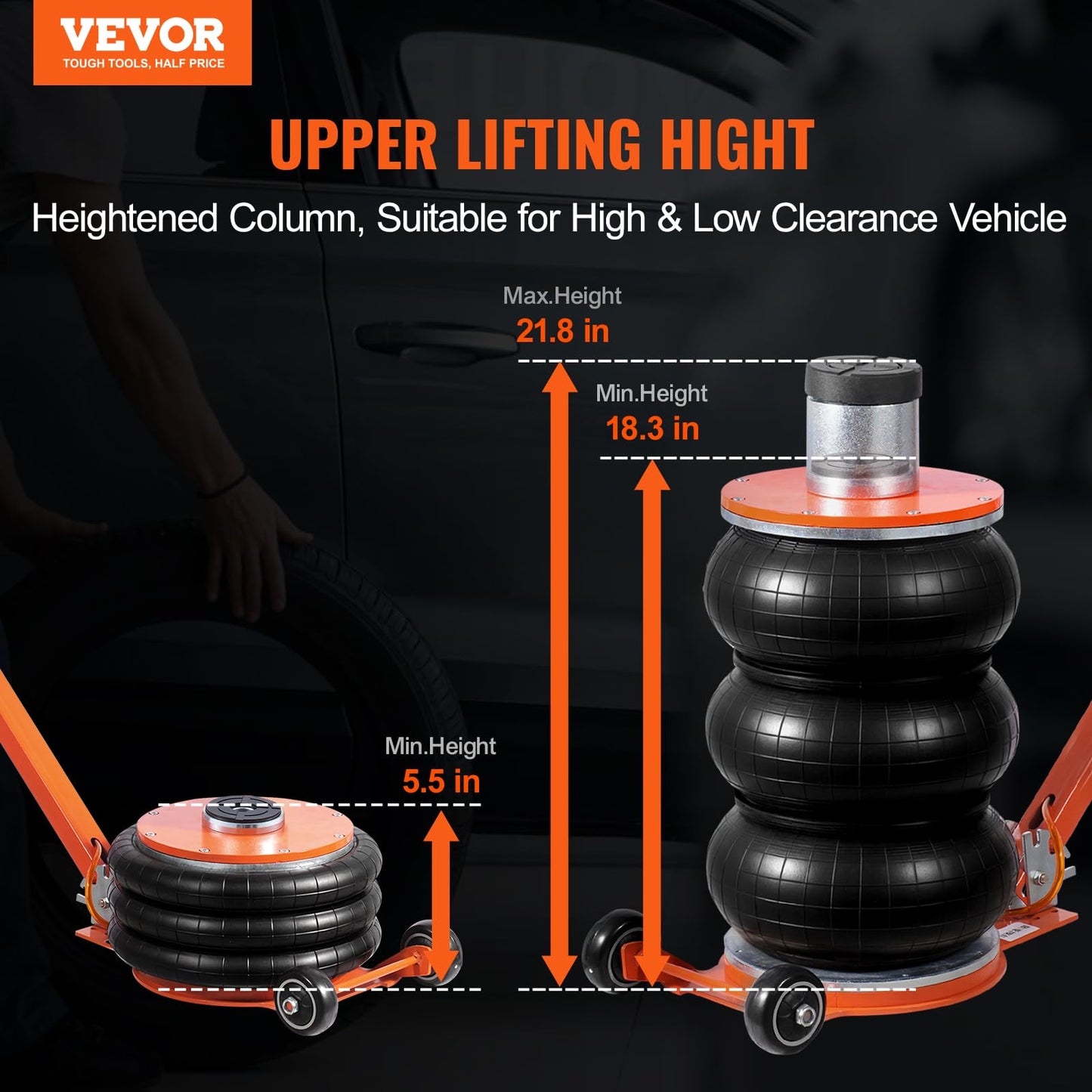 VEVOR Air Jack, 5 Ton/11000 lbs, 4-10 S Pneumatic Lifting Jack with Heightened Column & Adjustable Handle, Easy-to-Lift & Space-Saving Jack with Thick Rubber Pad, Fits for Sedan, SUV, Pickup Truck