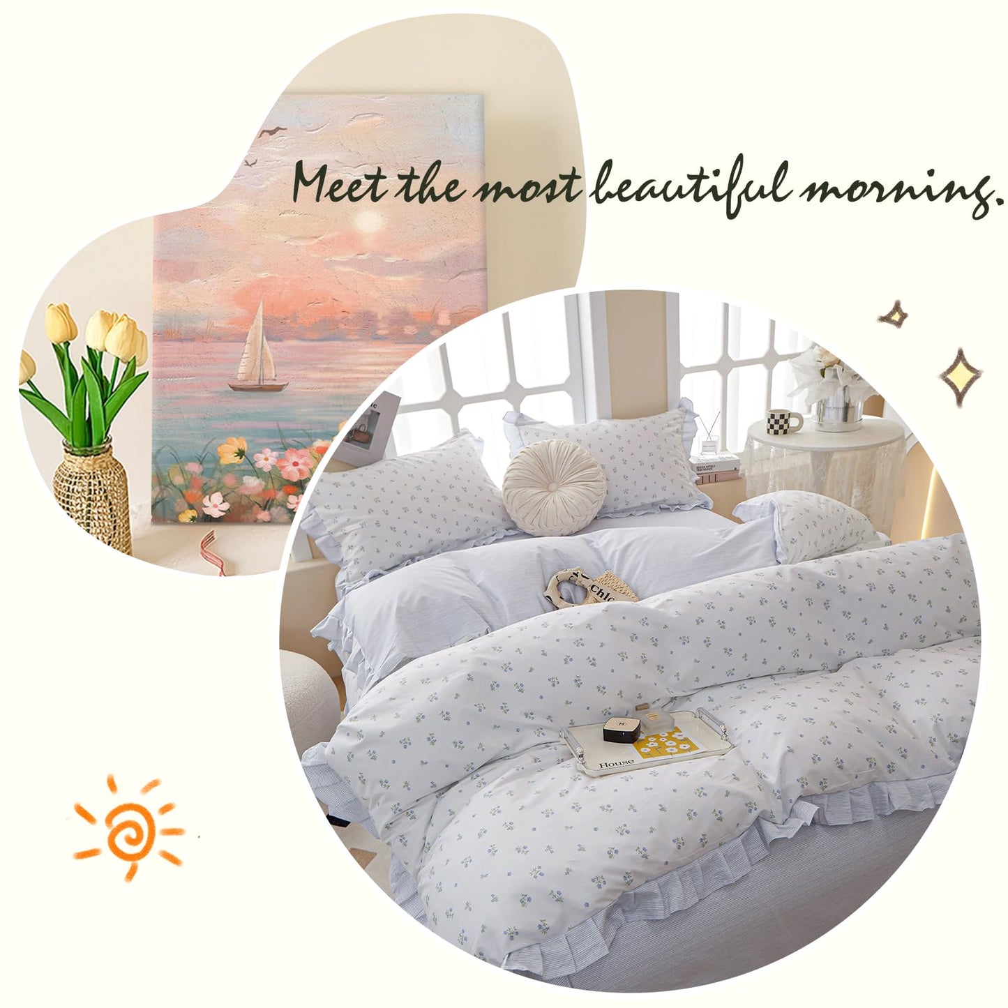 AMZTOP Duvet Cover Queen Size Chic Blue Ruffle Floral 100% Cotton Set, 3Pcs Teen Girls Flower Comforter Cover with Zipper Closure, Princess Queen Bedding Sets 90"x90"
