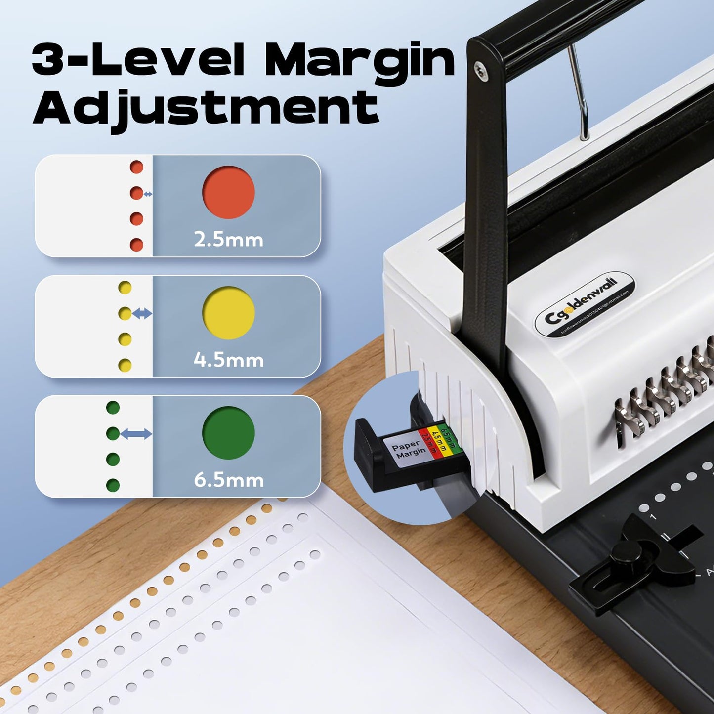 CGOLDENWALL Wire Binding Machine, Wire-O Binder, 3:1 Pitch 34 Holes, with 11 Coils Included, Punch 20 Sheets Bind 140 Sheets, Adjustable Pins Margins (Round Holes)