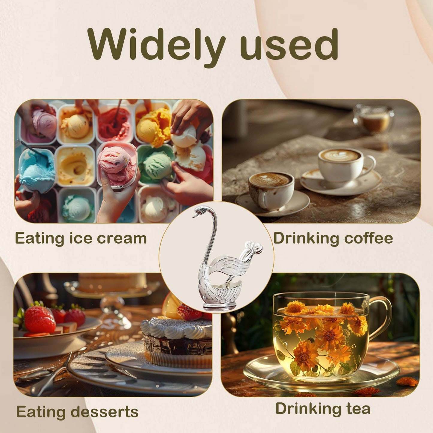 Decorative Gold Swan Base Holder with 6pcs Coffee Spoon Set - Creative Dessert Spoons,Silver