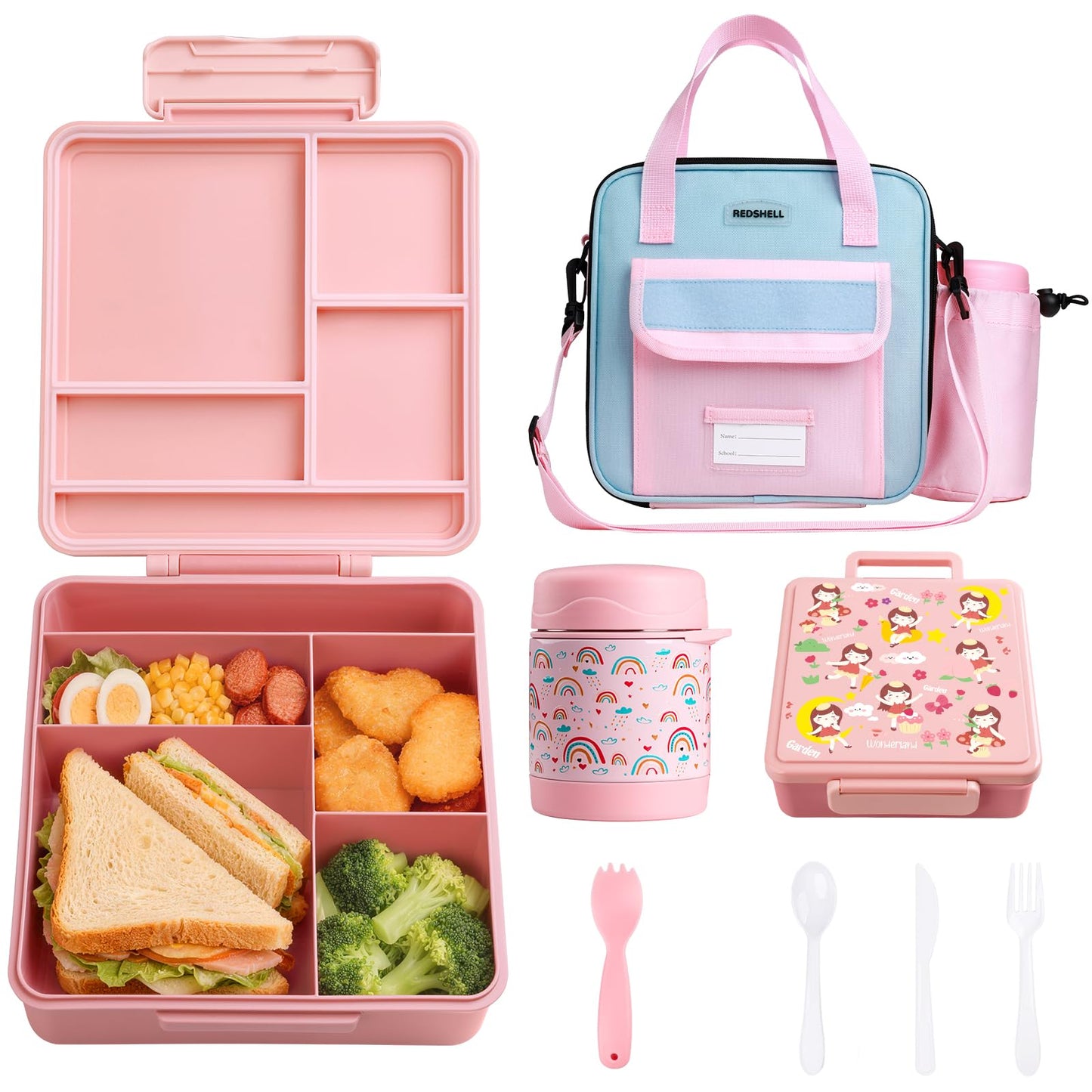 REDSHELL Bento Lunch Box for Kids Set, Leakproof Food Jar Pail with Insulated Bag, Toddler Snack Container Lunchbag for Girls Daycare, Back to School Lunchbox Kit, Includes Bottle Holder Strap, Pink