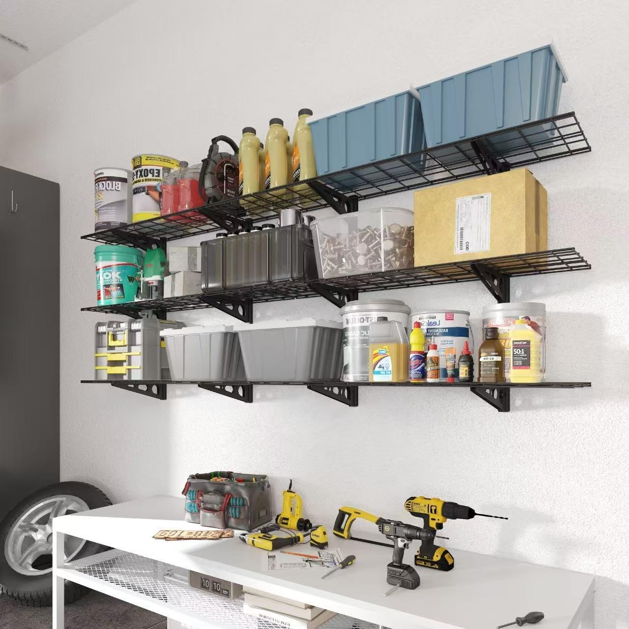 FLEXIMOUNTS 3-Tier 1x4ft Garage Storage Wall Shelving, 12x48inch per Shelf Height Adjustable Floating Shelves, Heavy Duty Wall Mounted Shelve, 600lbs Weight Capacity, Black, Classic Series
