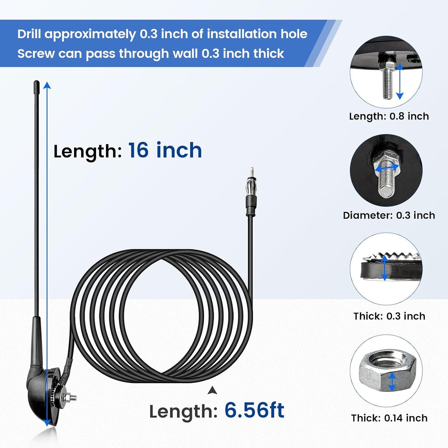 Anina 16 Inch 16" AM/FM Universal Top/Side Mount Antenna for Vehicle Truck Boat ATV UTV RV Motorcycle, Car Radio Aerial