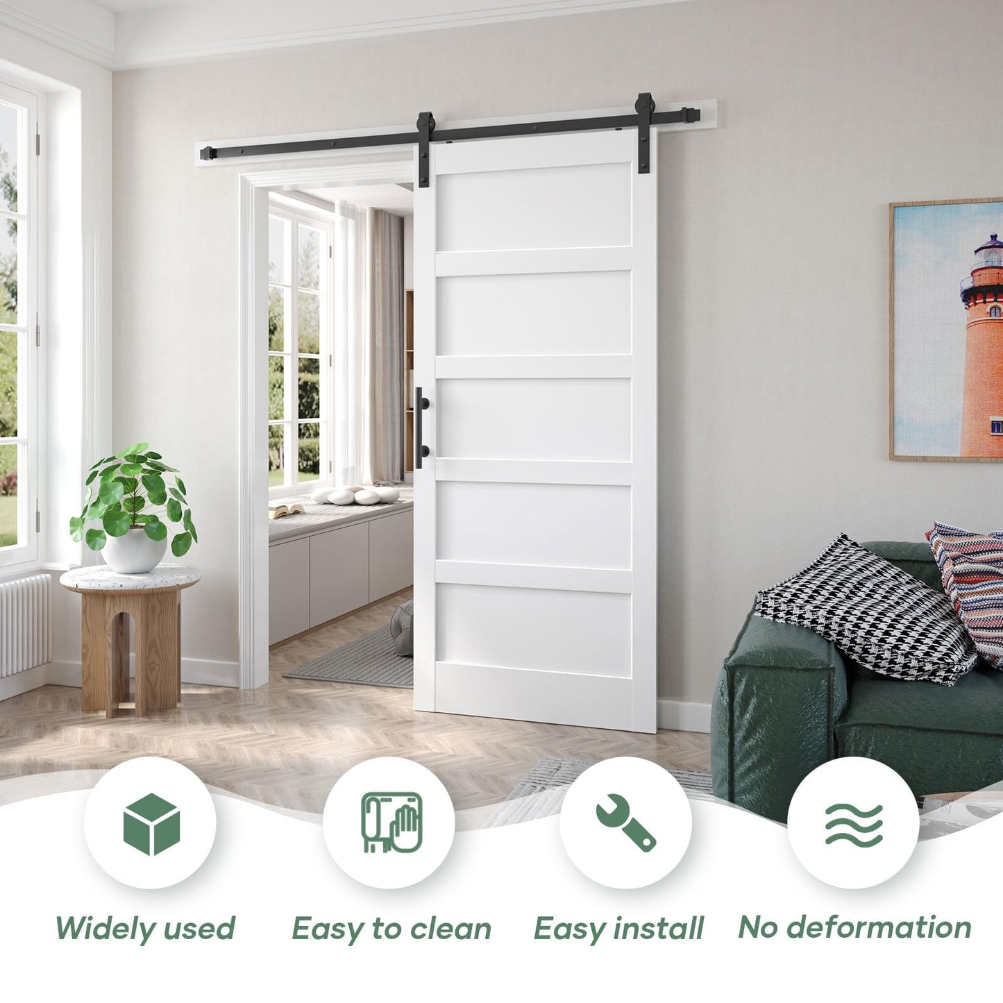 Fredbeck 36inx80in White Barn Door and 6.6FT Sliding Barn Door Hardware Kit Included,Solid,MDF, PVC Surface,DIY Assembly,5-Panel,Fit 33in-34in Opening