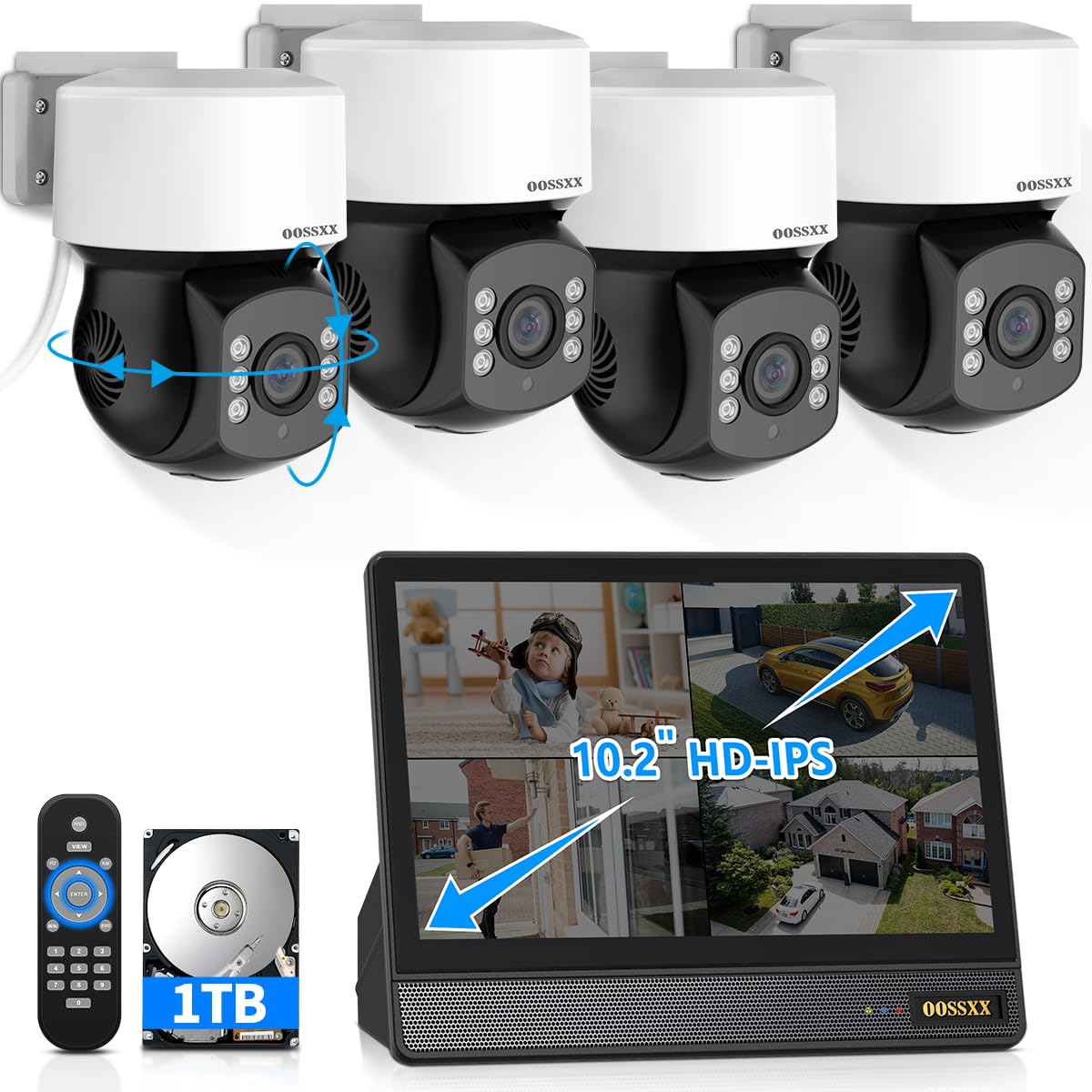 (2026 New) PTZ Wired Security Camera System, 8CH DVR with 10" IPS Monitor, 4X 1080P PTZ Cameras, 1TB HDD, Digital Zoom, Free APP No Monthly Fee, Remote Control, IP65 Waterproof