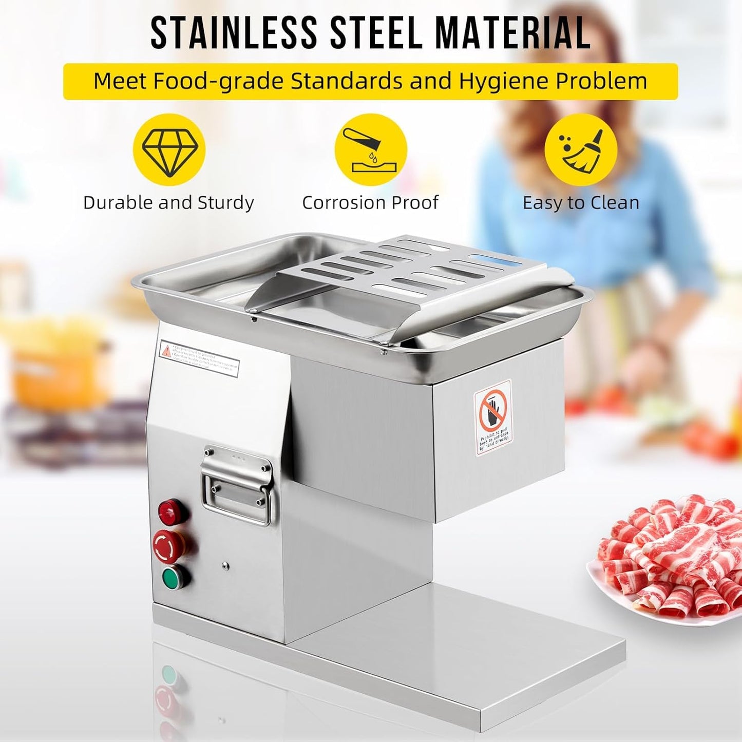 110V Commercial Meat Cutter Machine 551LB/H Electric Cutting Machine 800W Automatic Slicer w/Removable 3mm Blade Food Slicer Stainless Steel For Kitchen Restaurant Supermarket