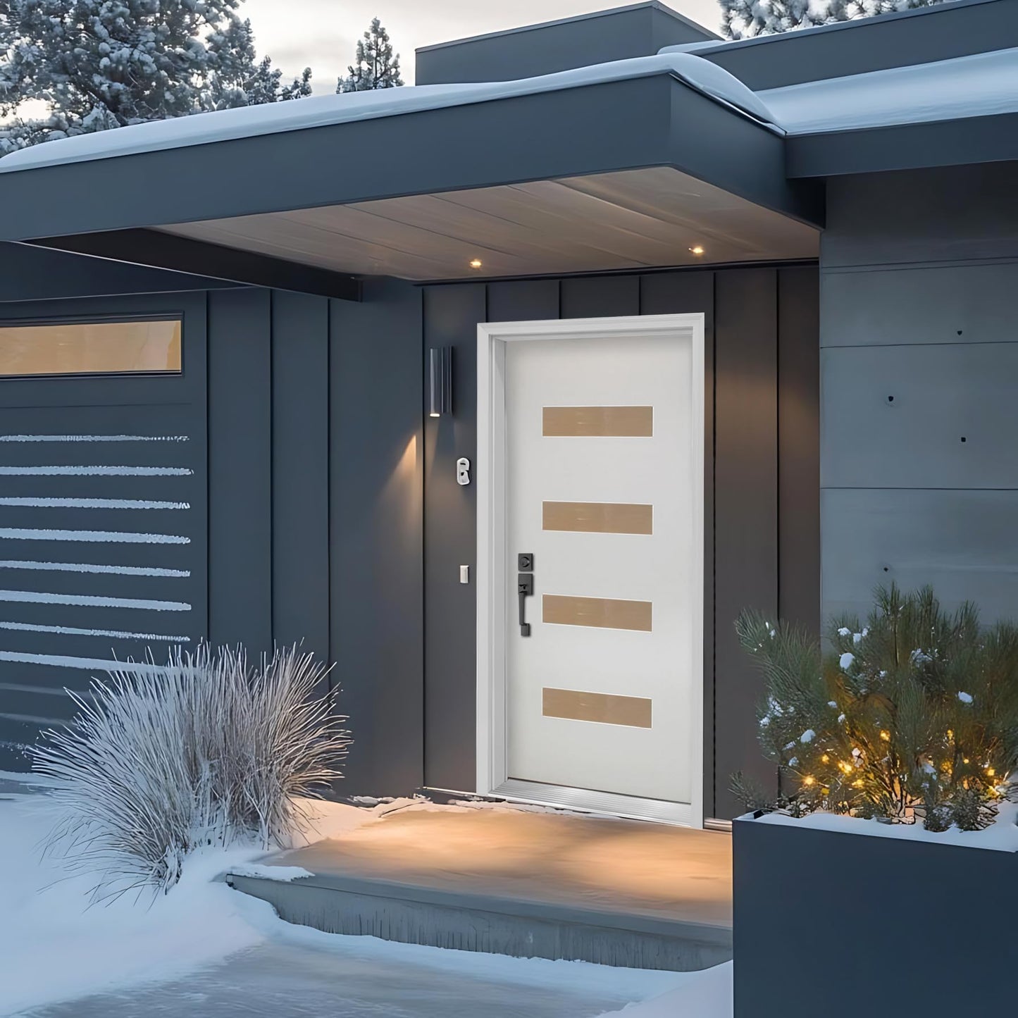 Fiberglass Exterior Front Door 36x80In, Right-Hand Inswing Featuring 4-Lite Frosted Glass White Primed Knock-Down Entry Door with Brickmould and Vinyl Frame