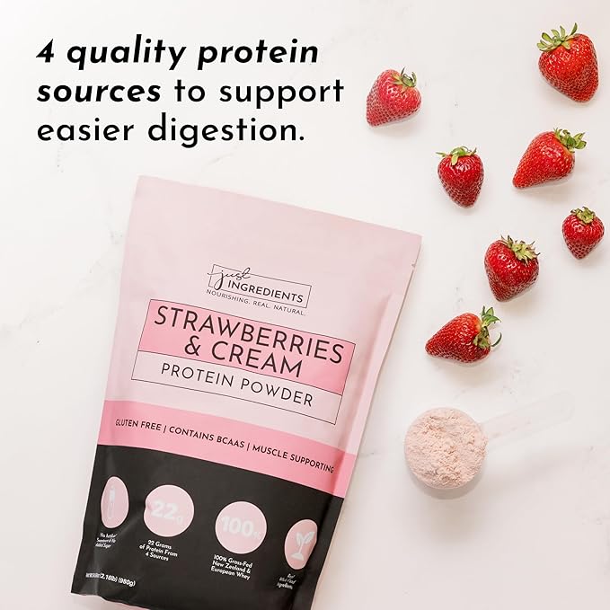 JUST INGREDIENTS Strawberries & Cream Protein Powder ??20-Serving Blend with 100% Grass-Fed Whey & Organic Plant Proteins ??Real Strawberry Flavor ??Supports Muscle Recovery, Energy*
