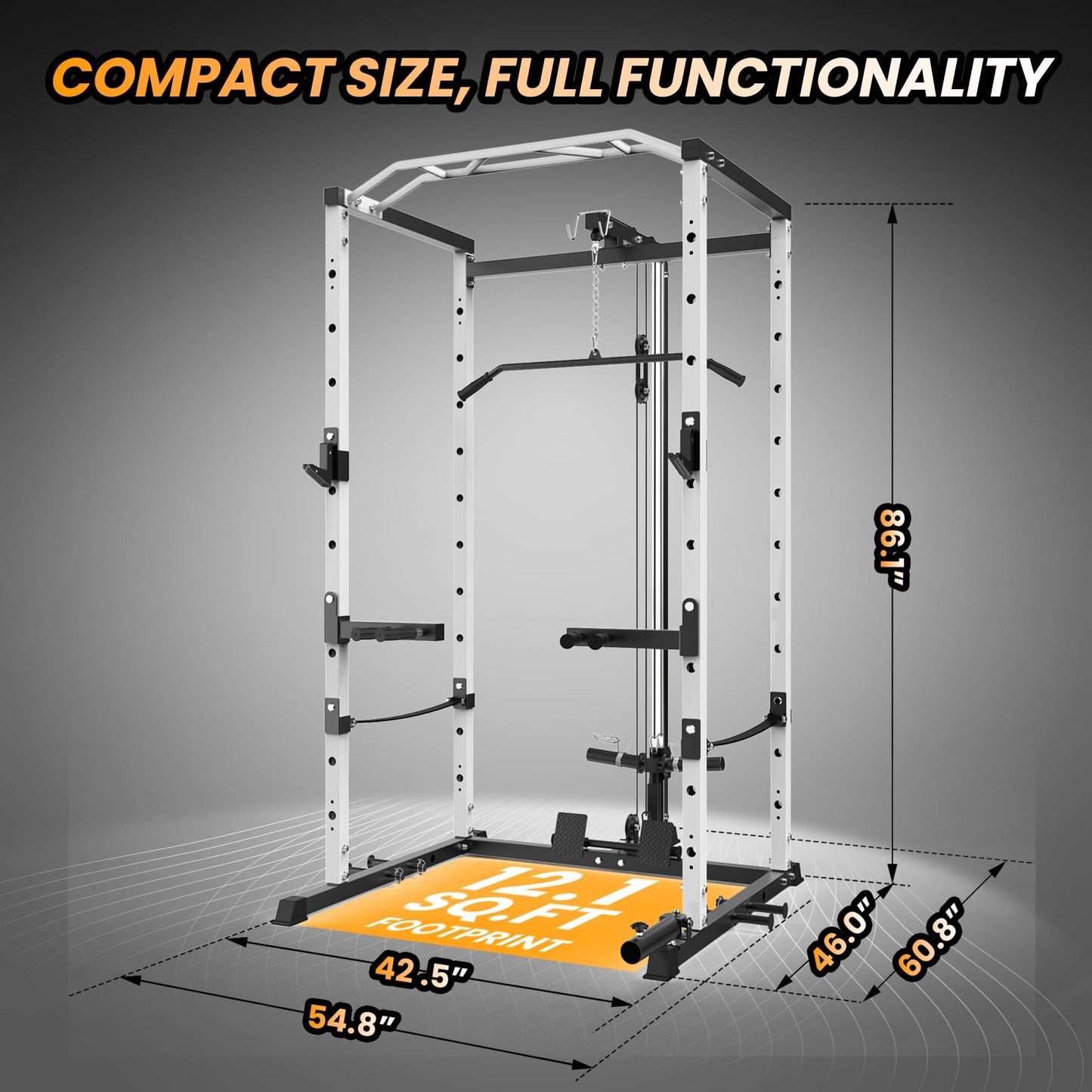 Power Cage with LAT Pulldown Machine - Squat Rack for Home Gym, Multi-Functional Weight Cage with Cable Pulley System, Dip Bars & Landmine Attachment