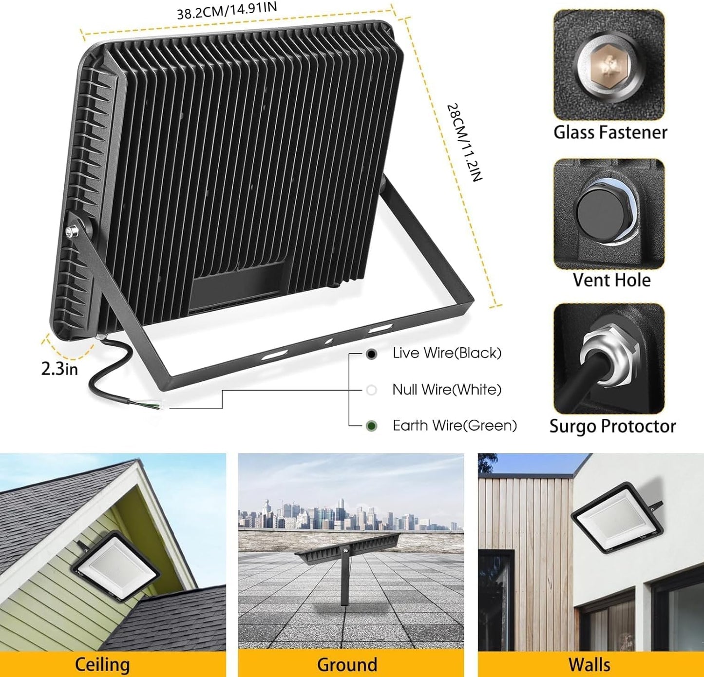 XYCN 3 pack 300W LED Flood Light,Super Bright Daylight (2000W Equivalent)42,500LM 5000K IP66 Waterproof Security Outdoor LED Arena Lights Commercial Lighting Floodlight for Backyard|Court|Stadium|Yard