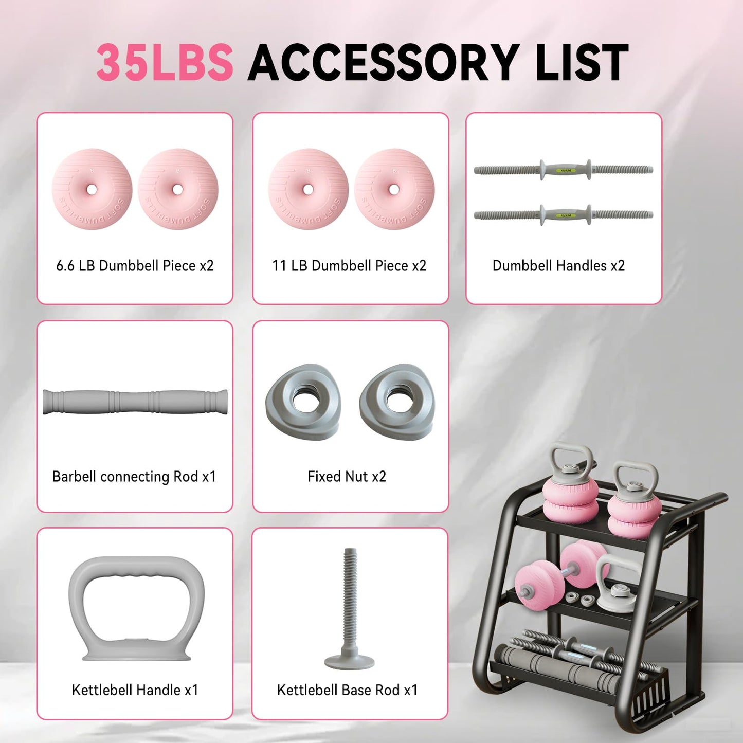 Adjustable Dumbbell Set 13LB/18LB/22LB/35LB, 4-in-1 Soft Shell Weight Set with Connector, Converts to Barbell & Kettlebell, Strength Training Equipment for Home Gym, Ideal for Women & Beginners