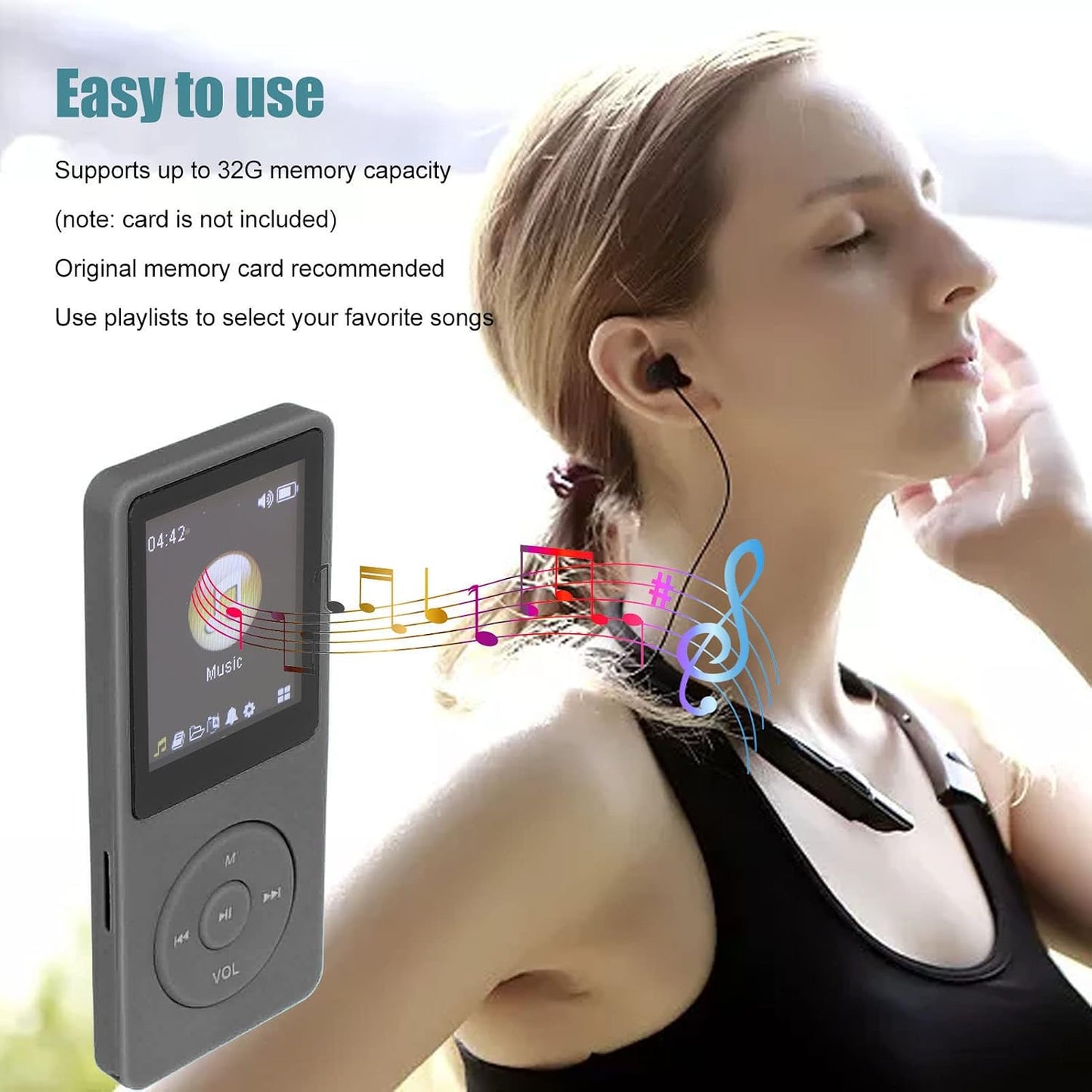 ASHATA MP3 MP3 1.8 Inch MP3 MP4 32G Player, WMA FLAC APE Formats, Screen Player for Sports Studying, Earphone Included