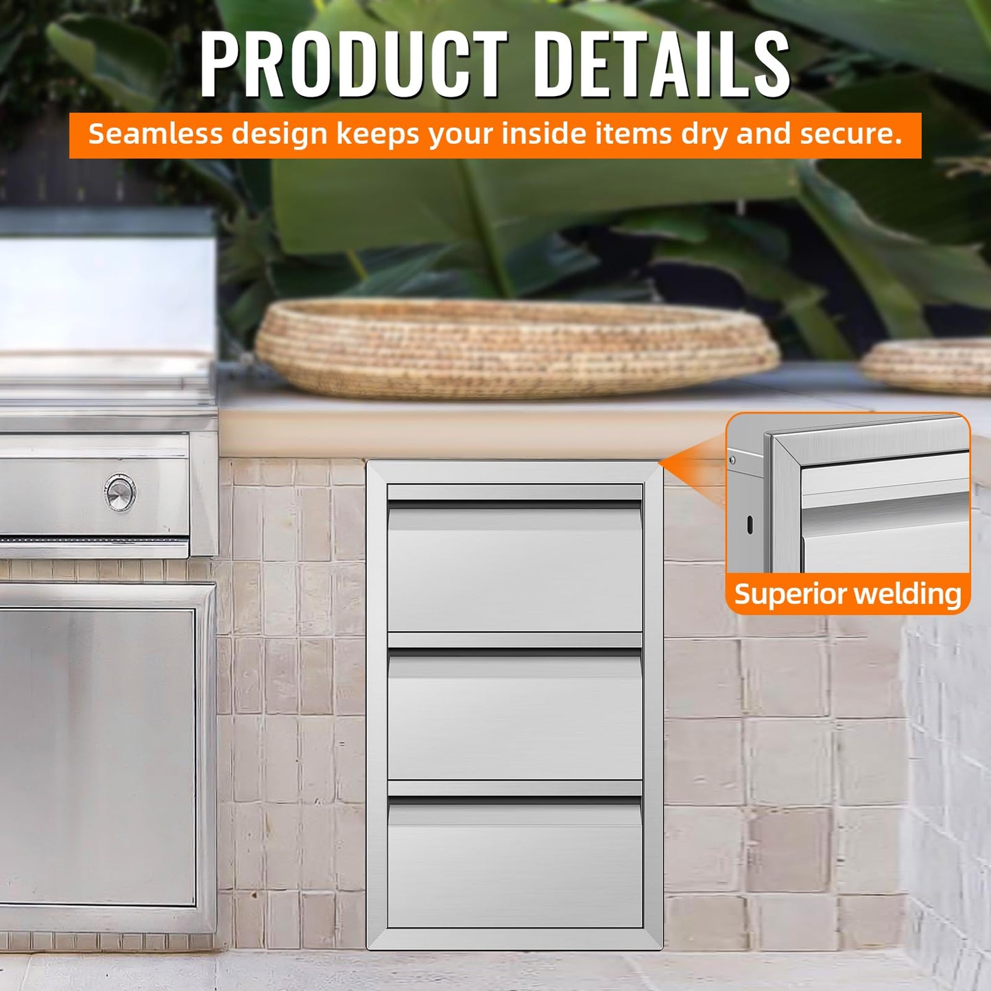 RAILEN Outdoor Kitchen Drawers Stainless Steel Flush Mount BBQ Drawers for Outdoor Kitchen Island or Patio Grill Station (15Wx26Hx22D Inch)