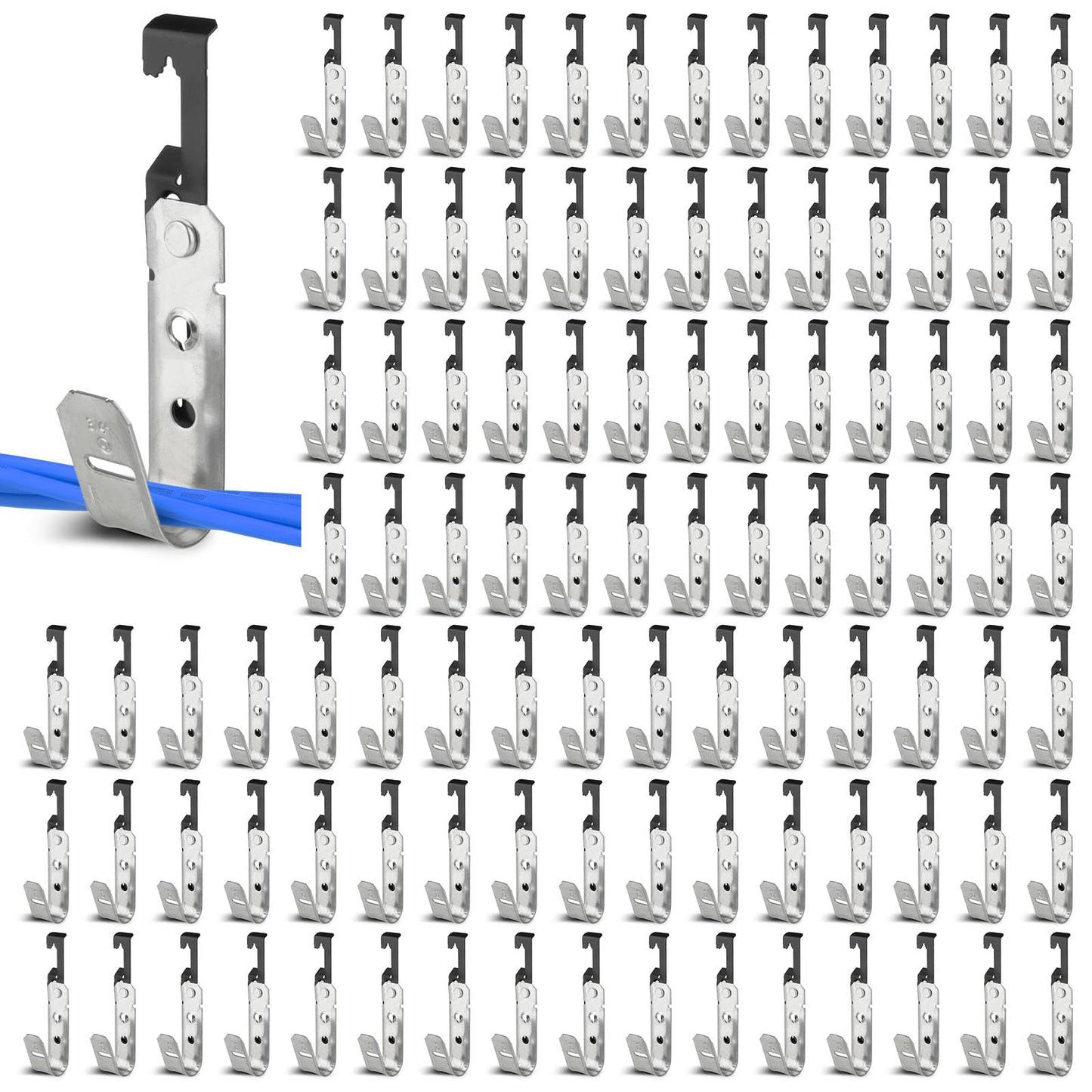AOKLIT 100 Pcs Metal J Hooks Cable Support 3/4 Inch J Hook Hangers, Wall Mounted Galvanized Cable Support J-Hook for Hanging, J Hook with Bat Wing for Wire Management