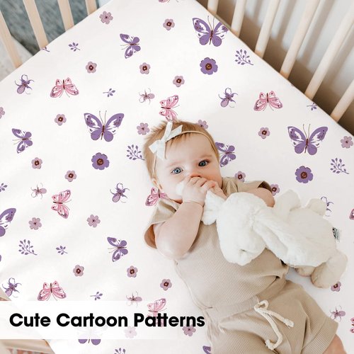 Little Grape Land Mini Crib Sheets 4 Pack, Pack n Play Sheets Fitted 38 x 26 for Boys and Girls, Pack and Play Sheets Compatible with Graco Pack n Play Playard, Butterfly Flower