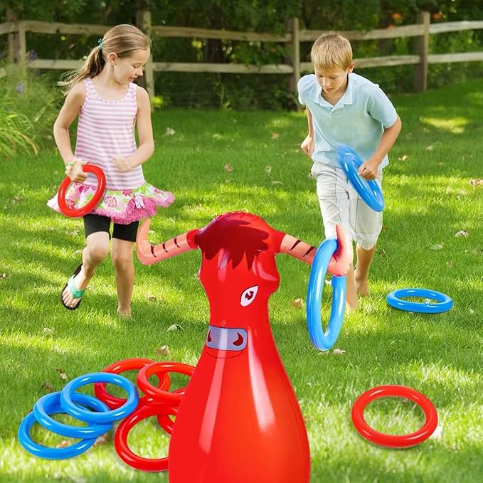 Inflatable Bull Toss Ring Game Set Include 2 Inflatable Bull 12 Rings for Summer Outdoor Beach Pool Cowboy Fiesta Rodeo Party