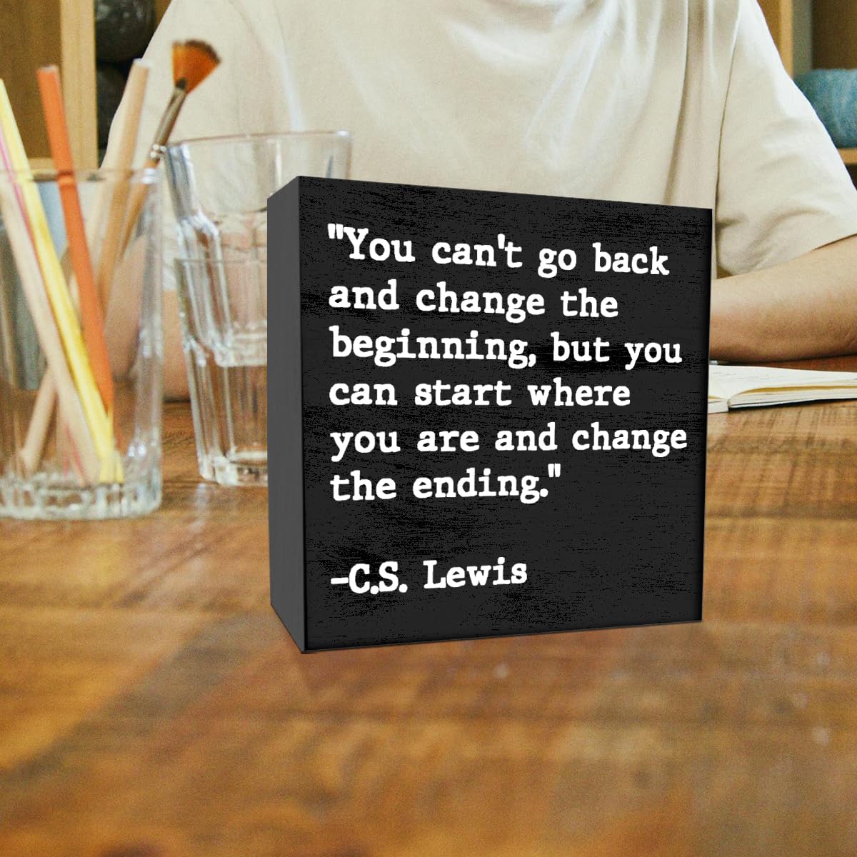 Inspirational Quotes Office Decor Wooden Box Sign for Home Office Desk Shelf Table Motivational Wall Decor Inspirational Gifts for Women Men Friends - C.S. Lewis 5 X 5 Inches (Black)