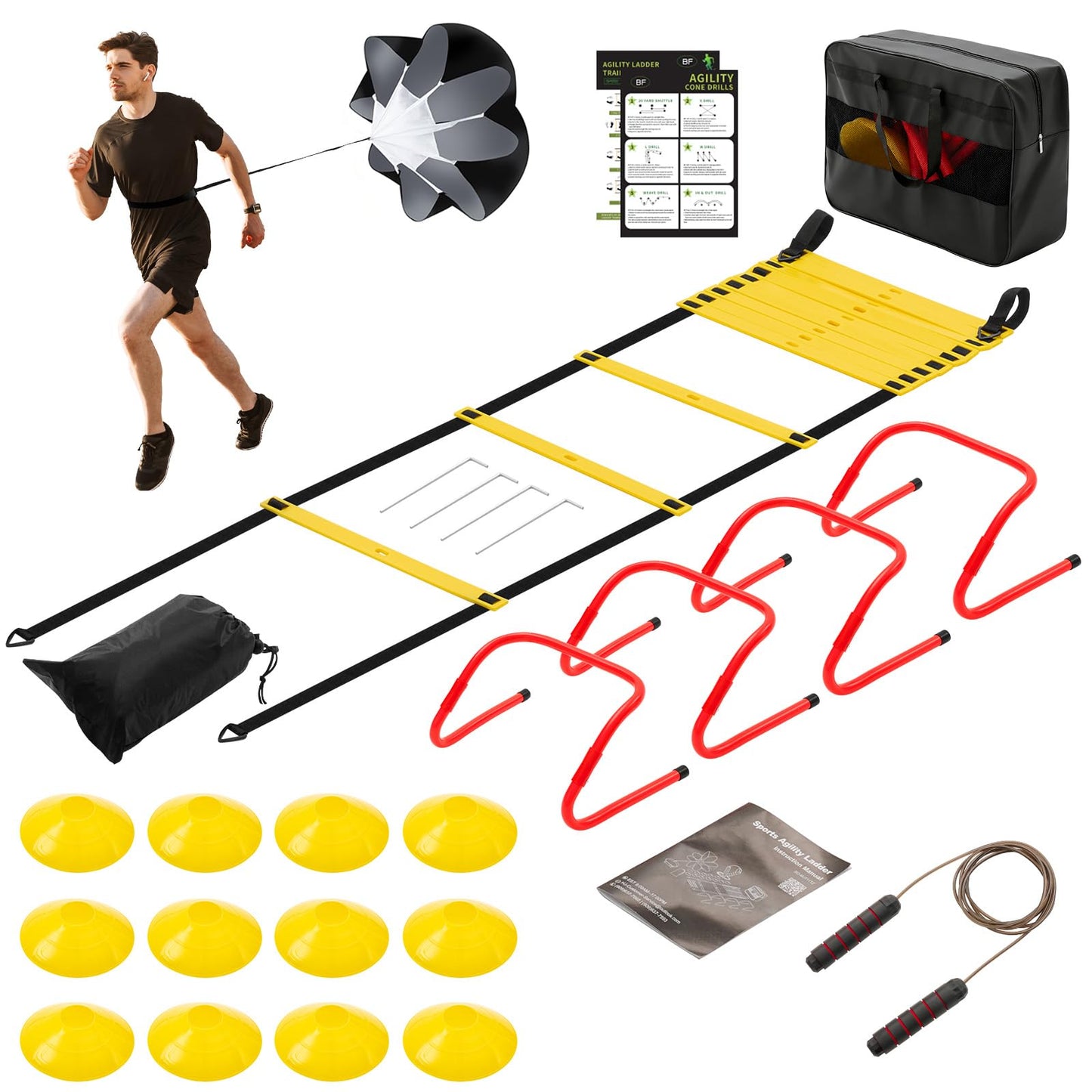 OLIXIS Soccer Football Agility Training Equipment with 4 Adjustable Hurdles, 12 Socce Cones, Running Parachute and Jump Rope, 20ft Agility Speed Ladder for Speed and Footwork - Yellow