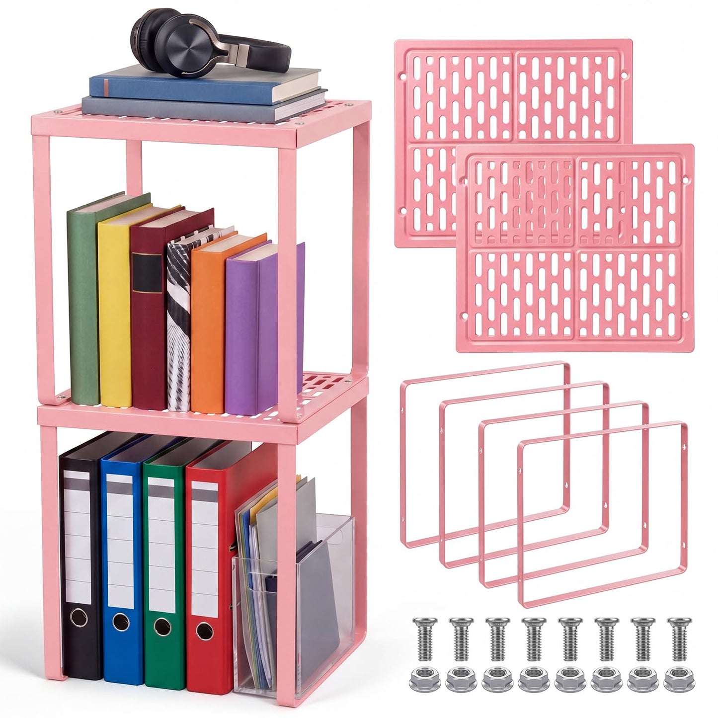Colarr 2 Pcs Locker Organizer Shelf Stackable 2-Tier Shelves Fits Standard Size School Lockers Heavy Duty Metal Locker Shelf for School Office Gym Lockers Home Storage 11x 10 x 12 Inch(Pink)